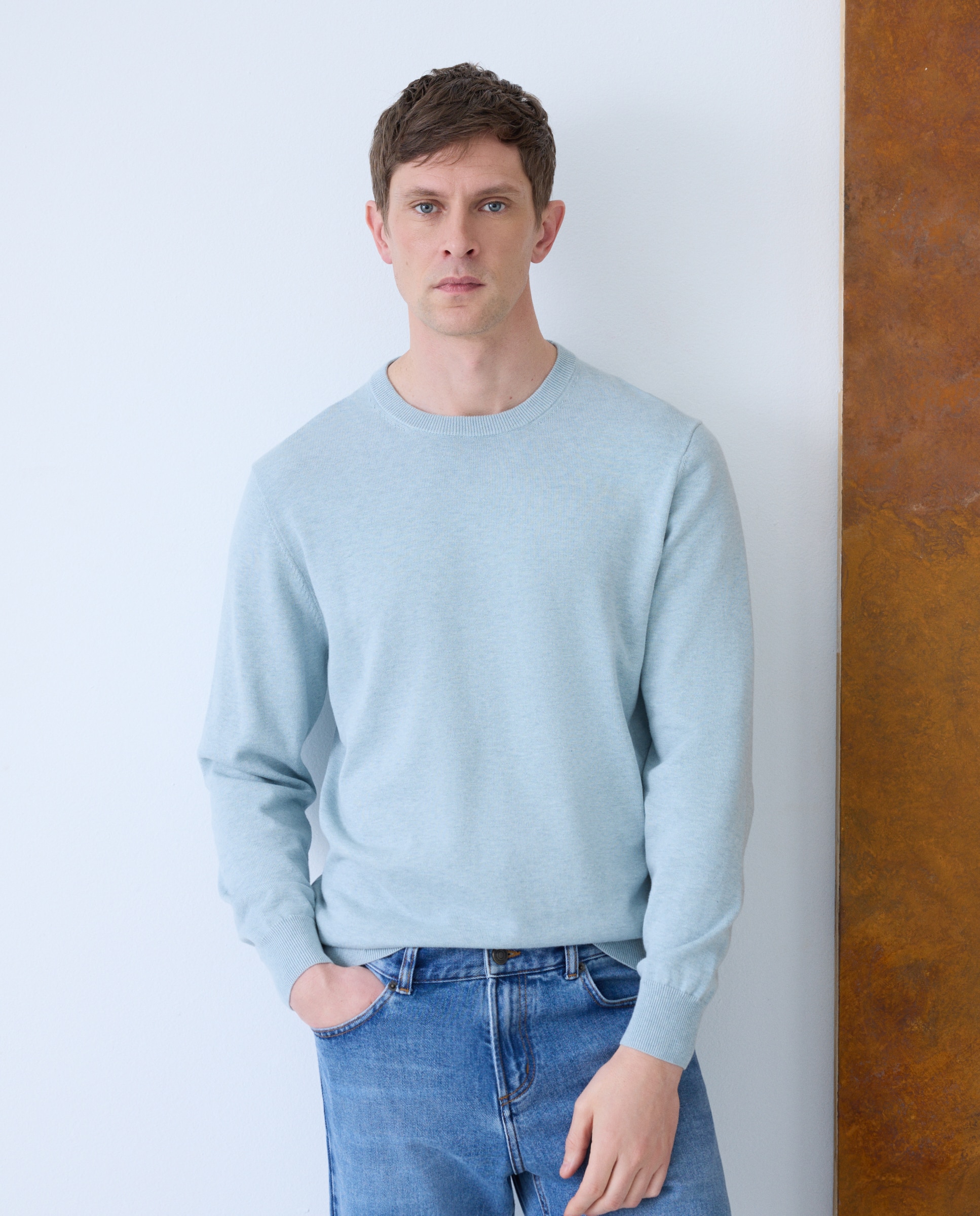 Camisola de Malha Lisa com Decote Redondo e em Algodão e Seda Verde Água-2