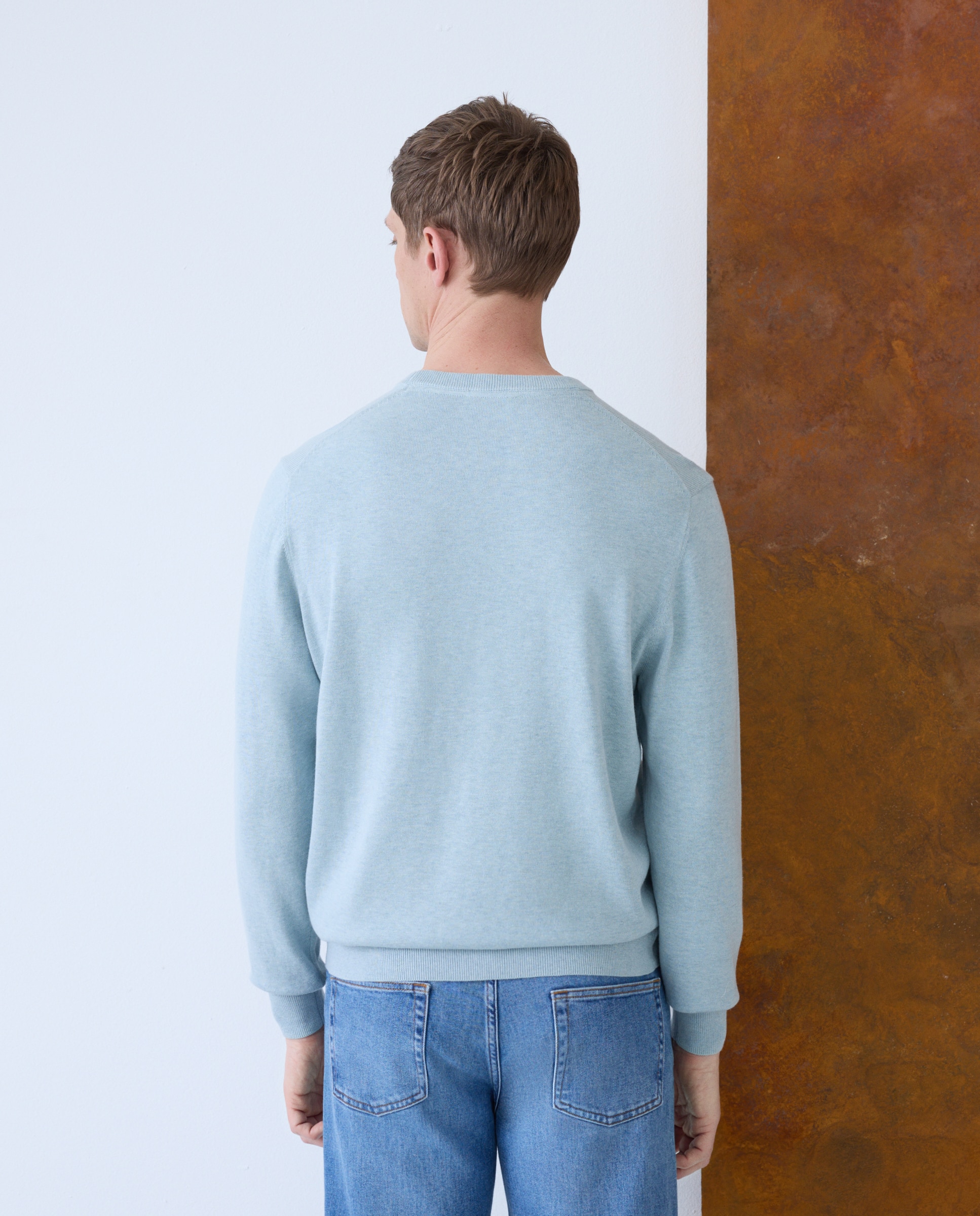 Camisola de Malha Lisa com Decote Redondo e em Algodão e Seda Verde Água-3