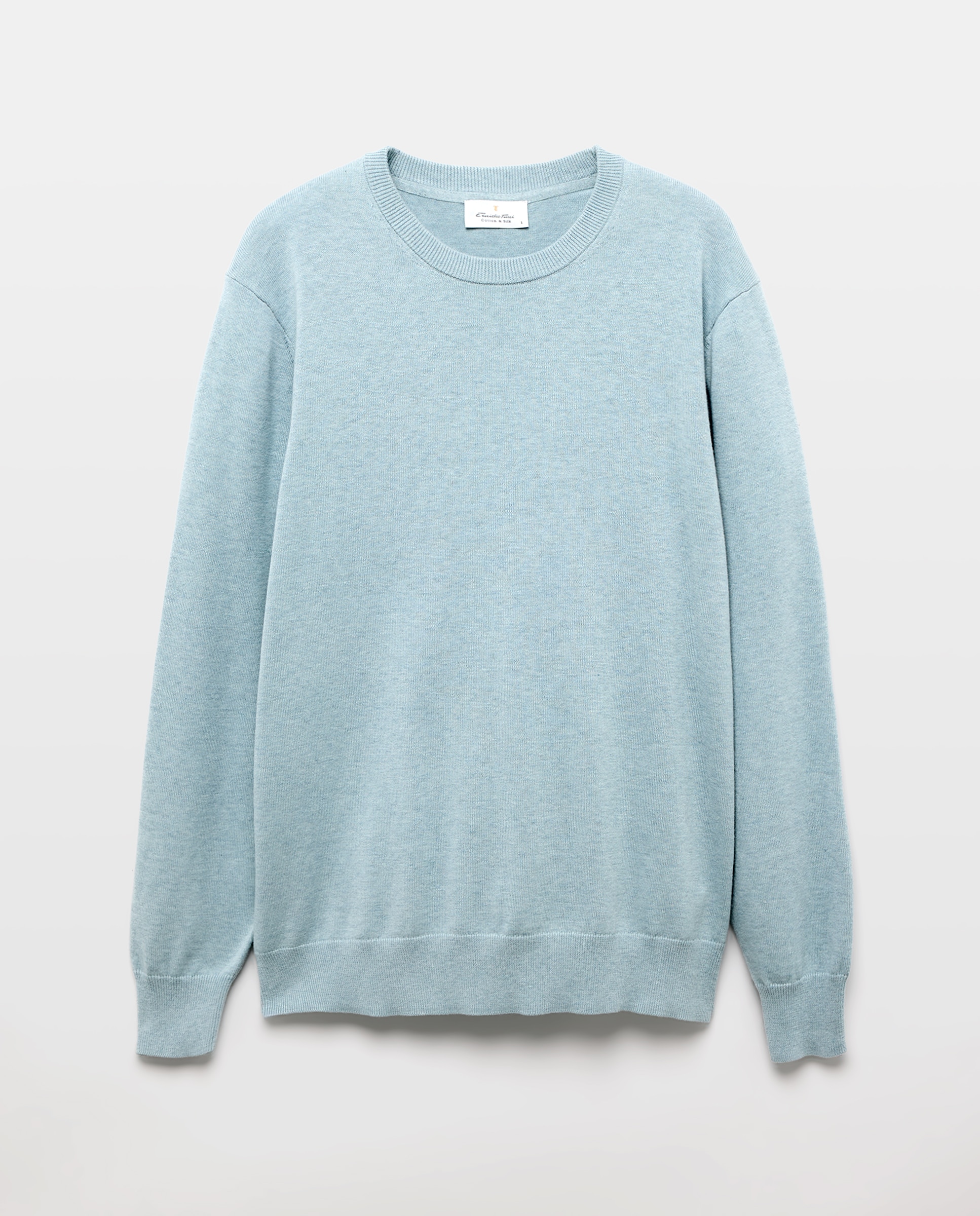 Camisola de Malha Lisa com Decote Redondo e em Algodão e Seda Verde Água-4