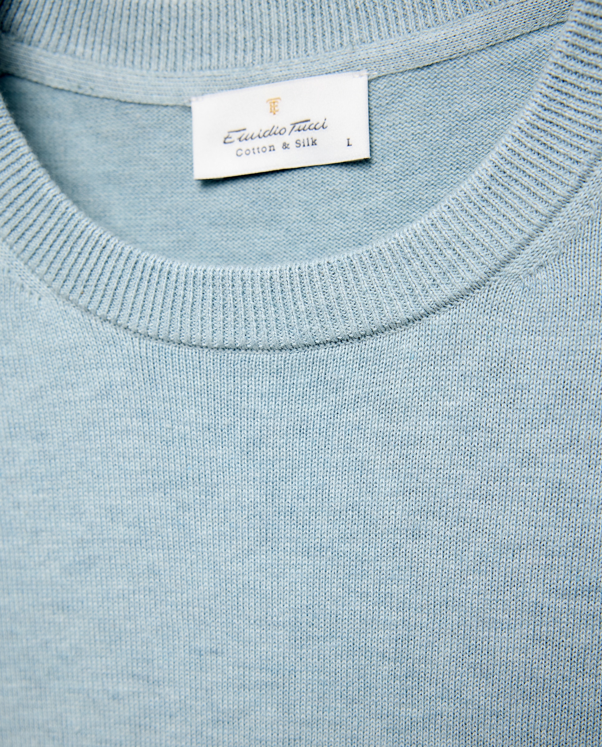 Camisola de Malha Lisa com Decote Redondo e em Algodão e Seda Verde Água-5