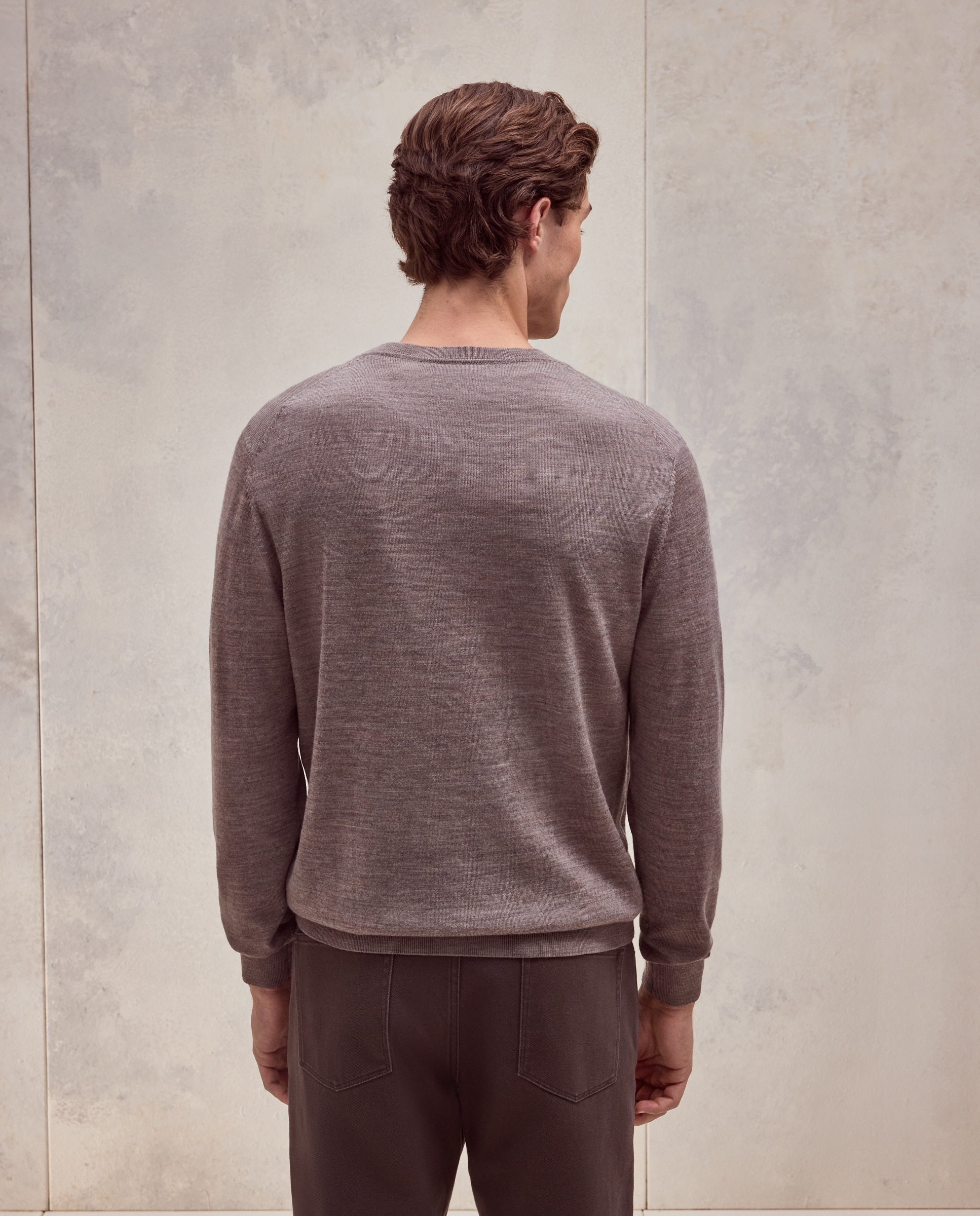 Jersey cuello redondo liso 100% merino extrafine de hombre - Dustin - Marrón claro Marrón claro-3