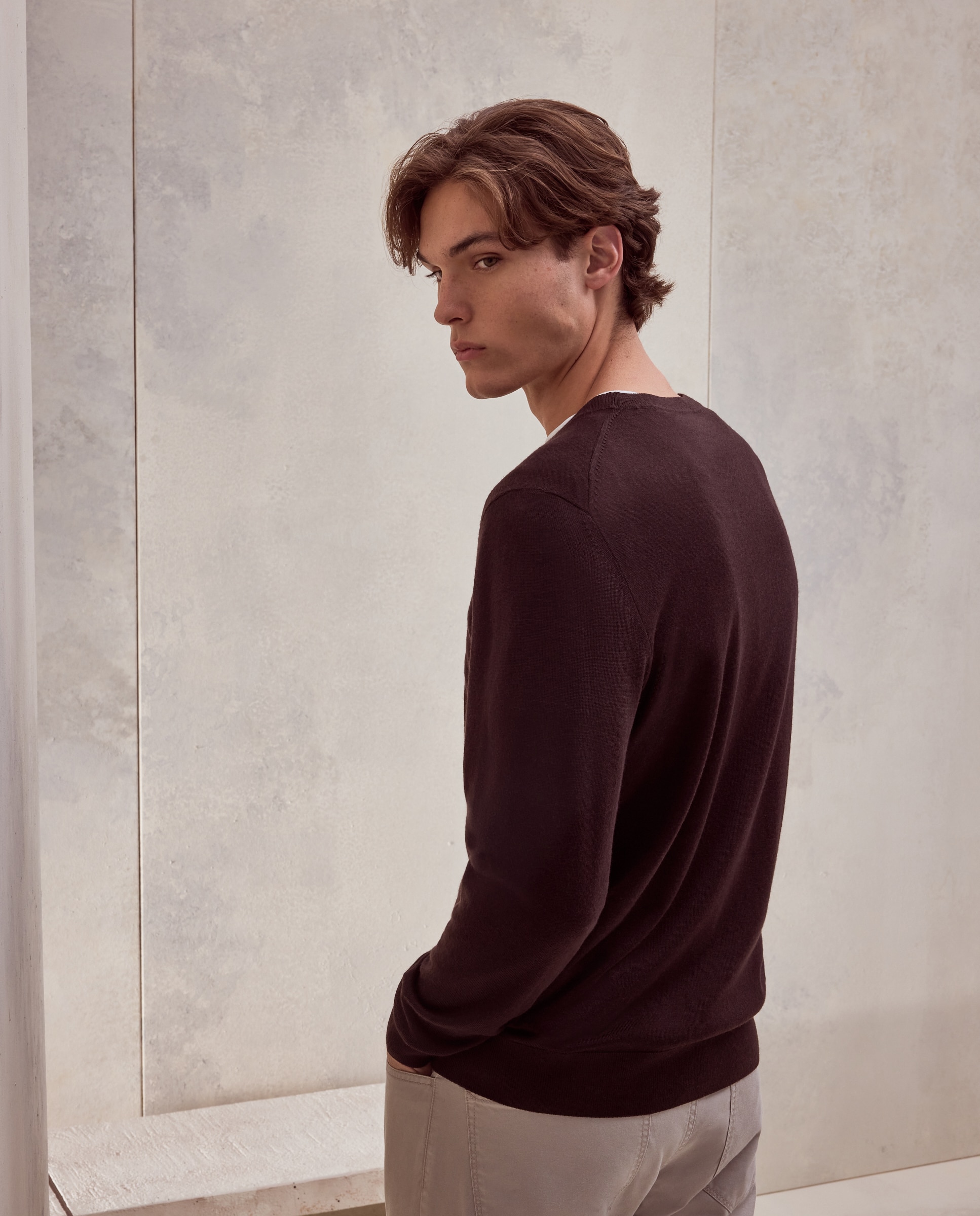 Jersey cuello redondo liso 100% merino extrafine de hombre - Dustin - Marrón oscuro Marrón oscuro-3