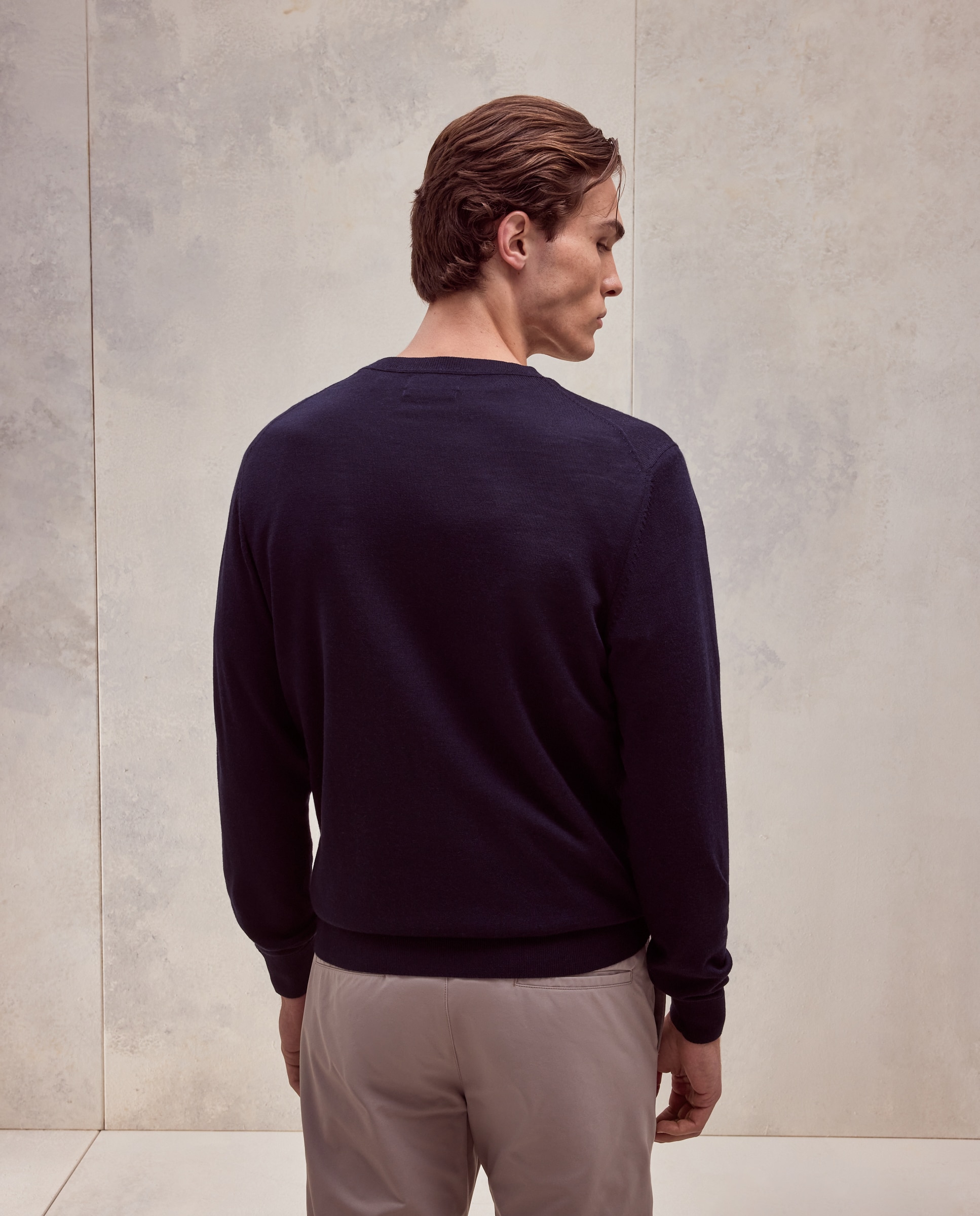 Jersey cuello redondo liso 100% merino extrafine de hombre - Dustin - Azul marino Azul marino-3