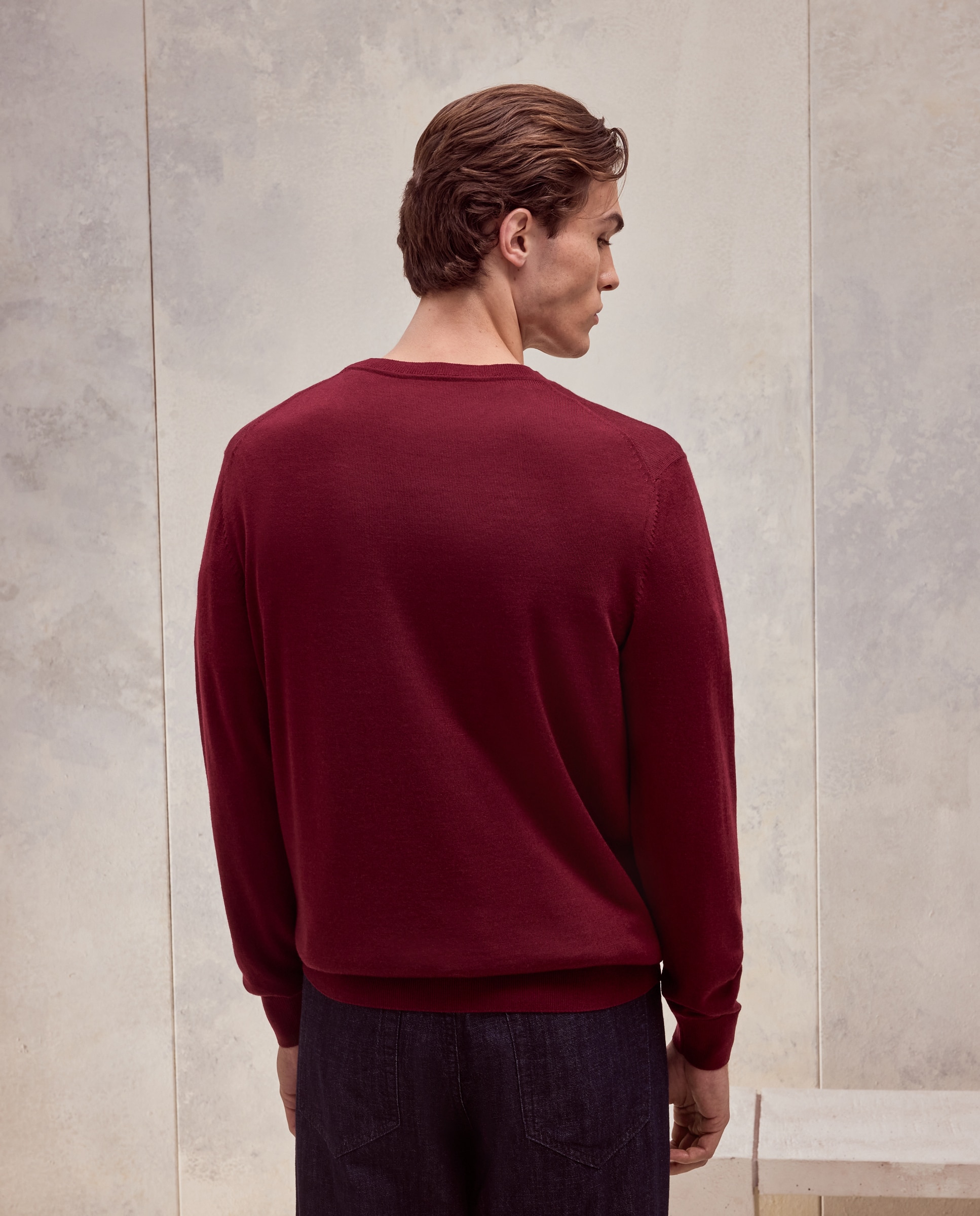 Jersey cuello redondo liso 100% merino extrafine de hombre - Dustin - Burdeos Burdeos-3