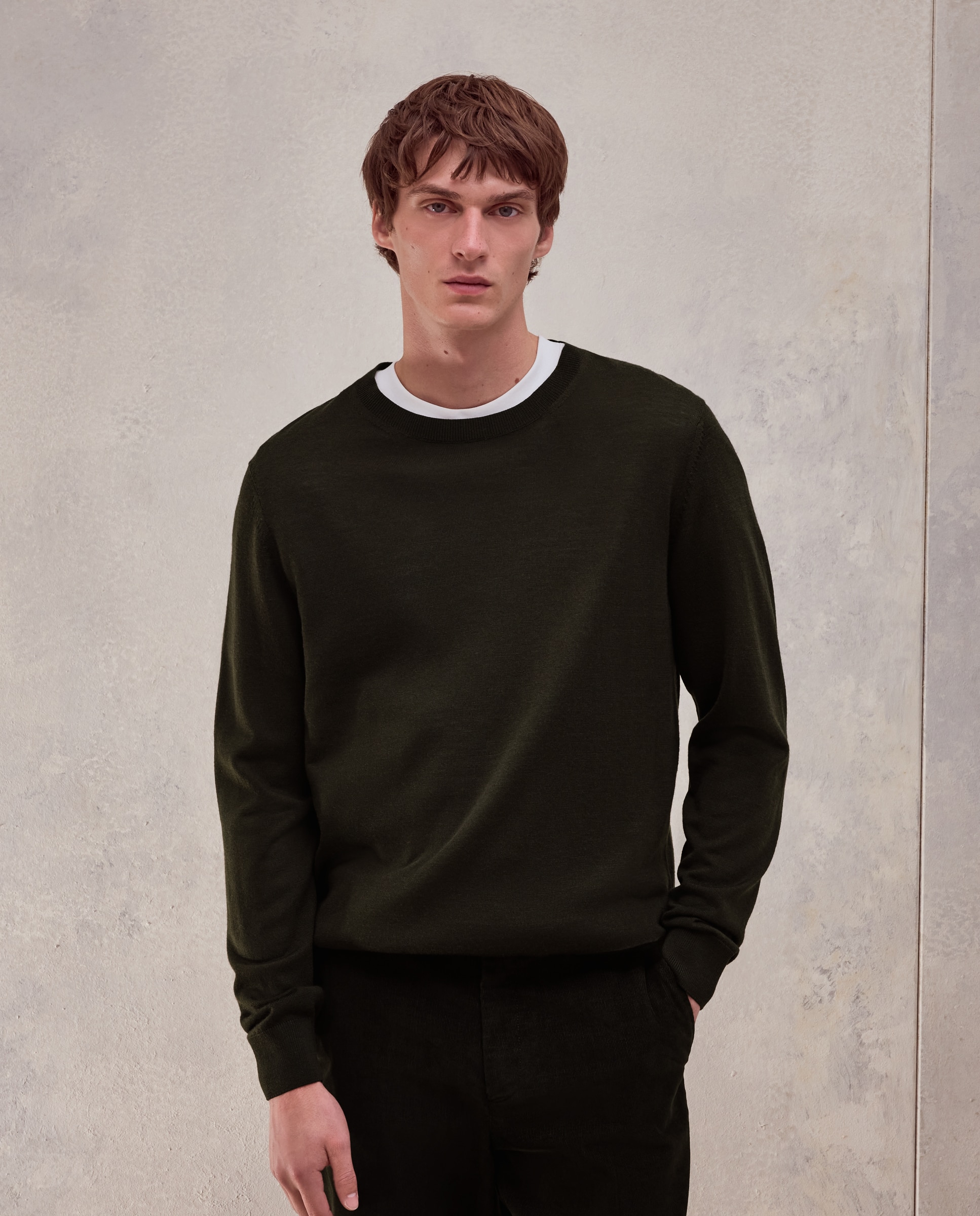 Jersey cuello redondo liso 100% merino extrafine de hombre - Dustin - Kaki Kaki-1