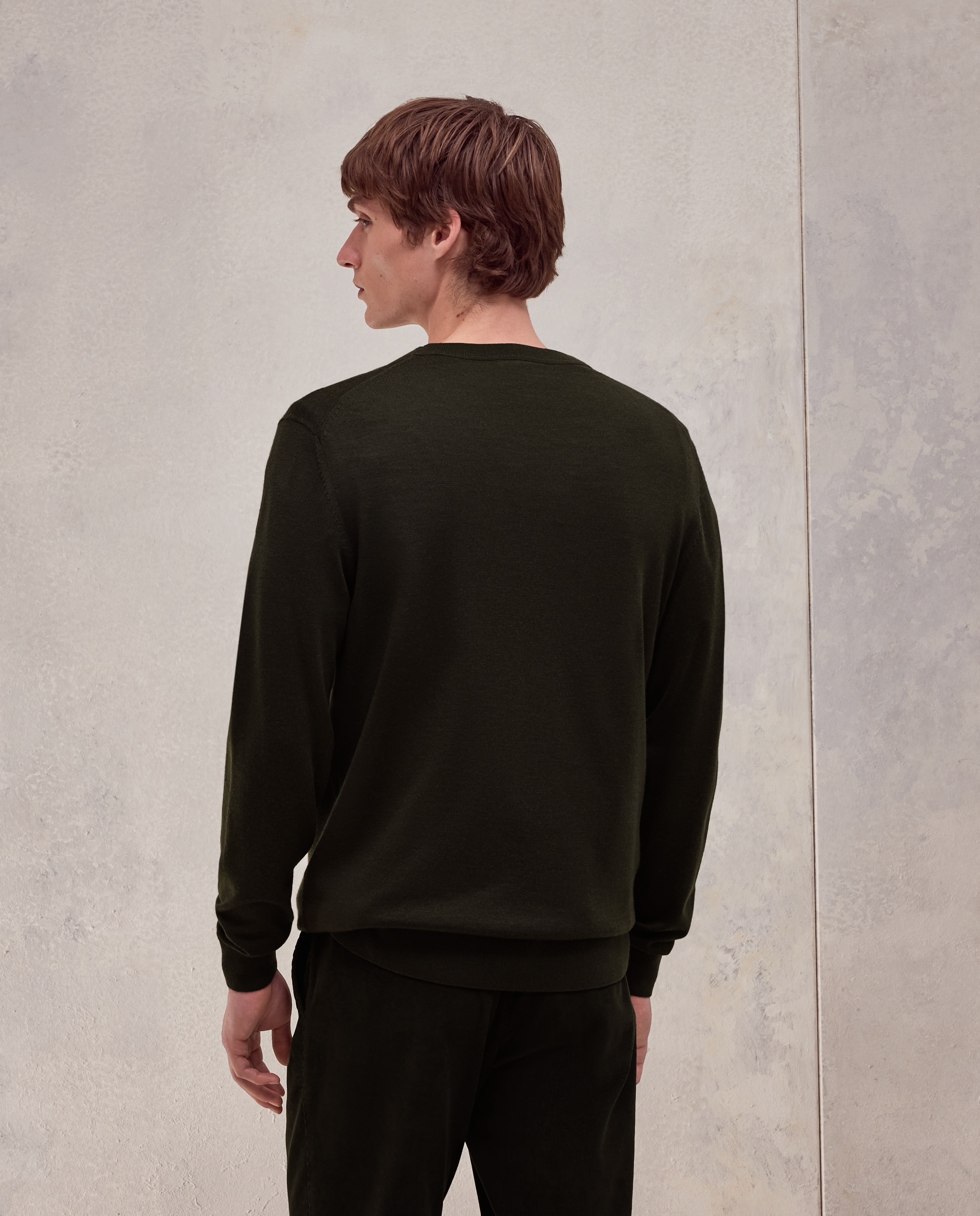 Jersey cuello redondo liso 100% merino extrafine de hombre - Dustin - Kaki Kaki-3
