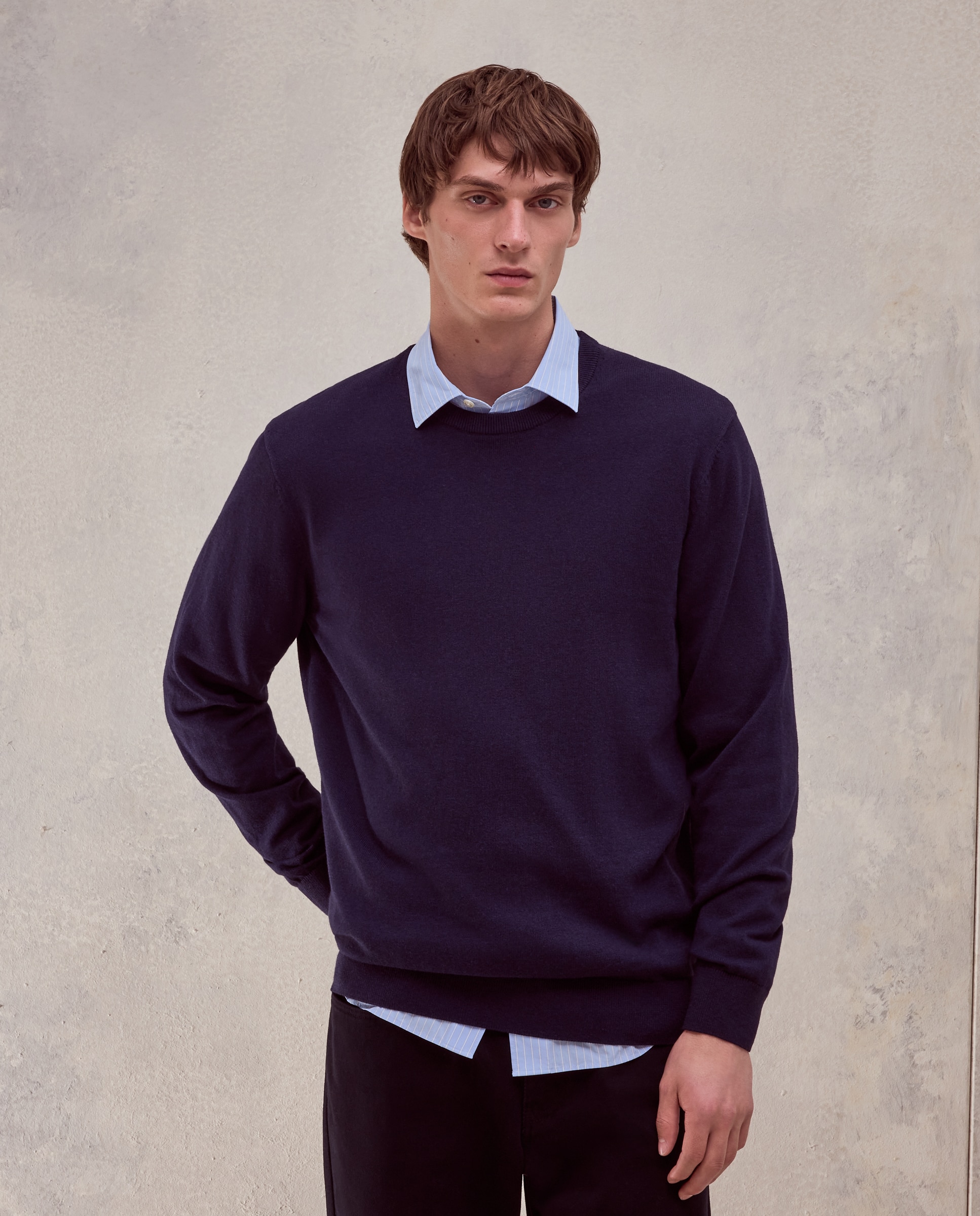 Jersey cuello redondo liso algodón - Dustin - cashmere de hombre - Azul marino Azul marino-1