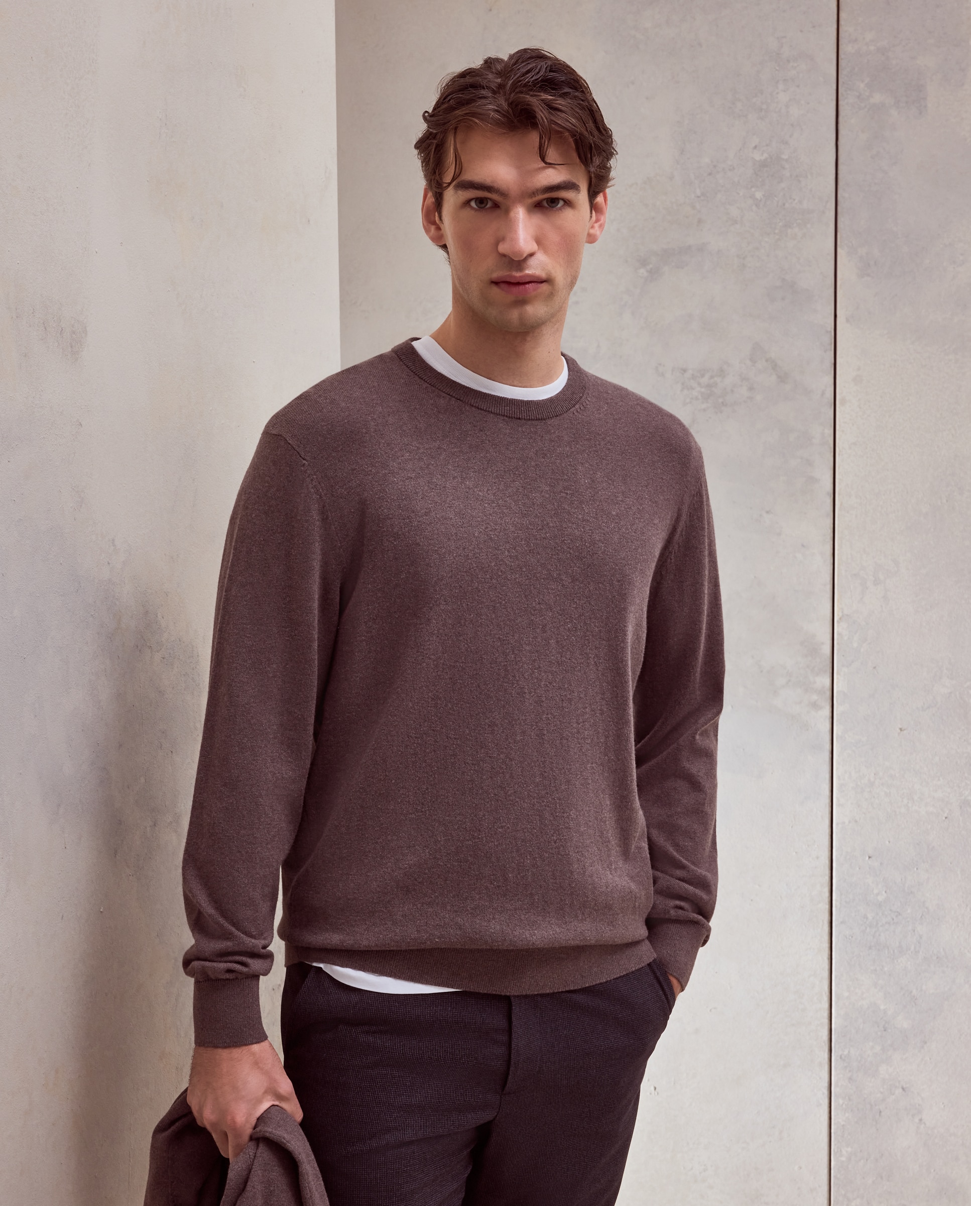 Jersey cuello redondo liso algodón - Dustin - cashmere de hombre - Marrón claro Marrón claro-2