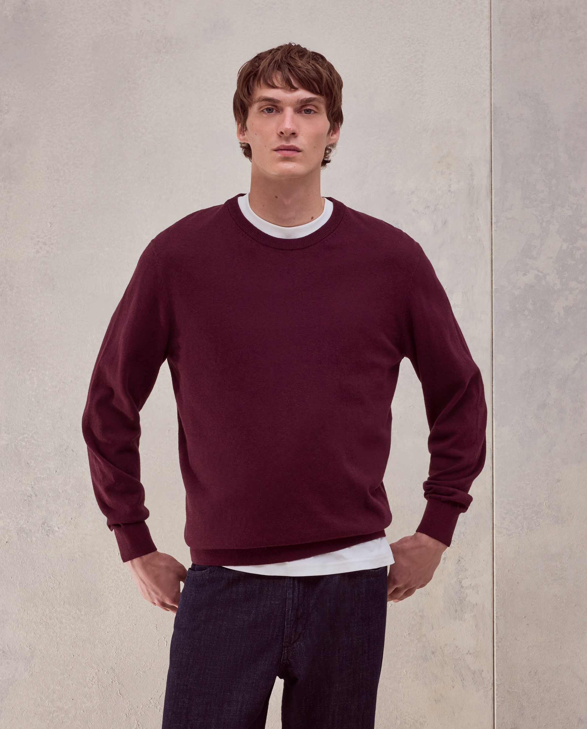 Jersey cuello redondo liso algodón - Dustin - cashmere de hombre - Burdeos Burdeos-1