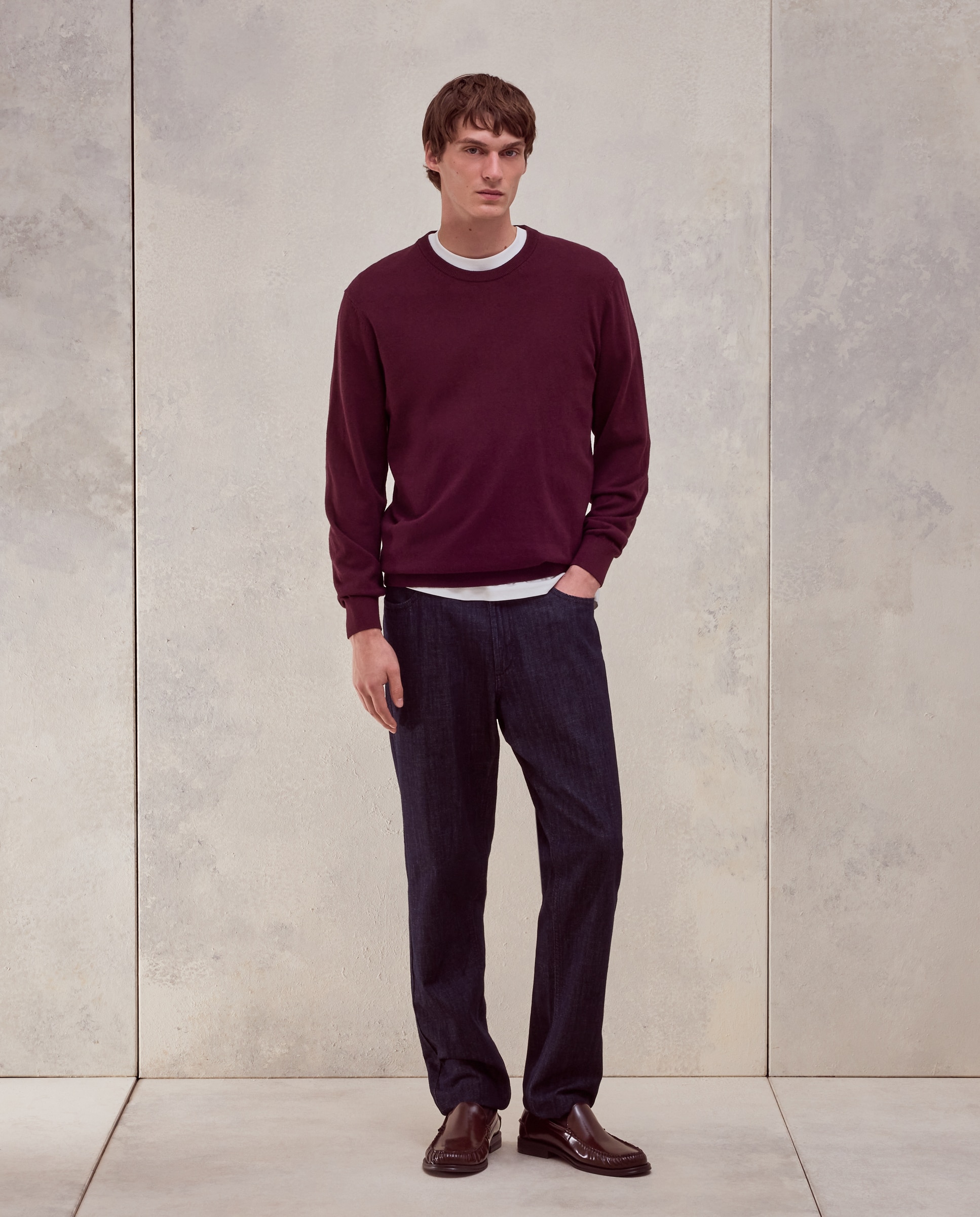 Jersey cuello redondo liso algodón - Dustin - cashmere de hombre - Burdeos Burdeos-2