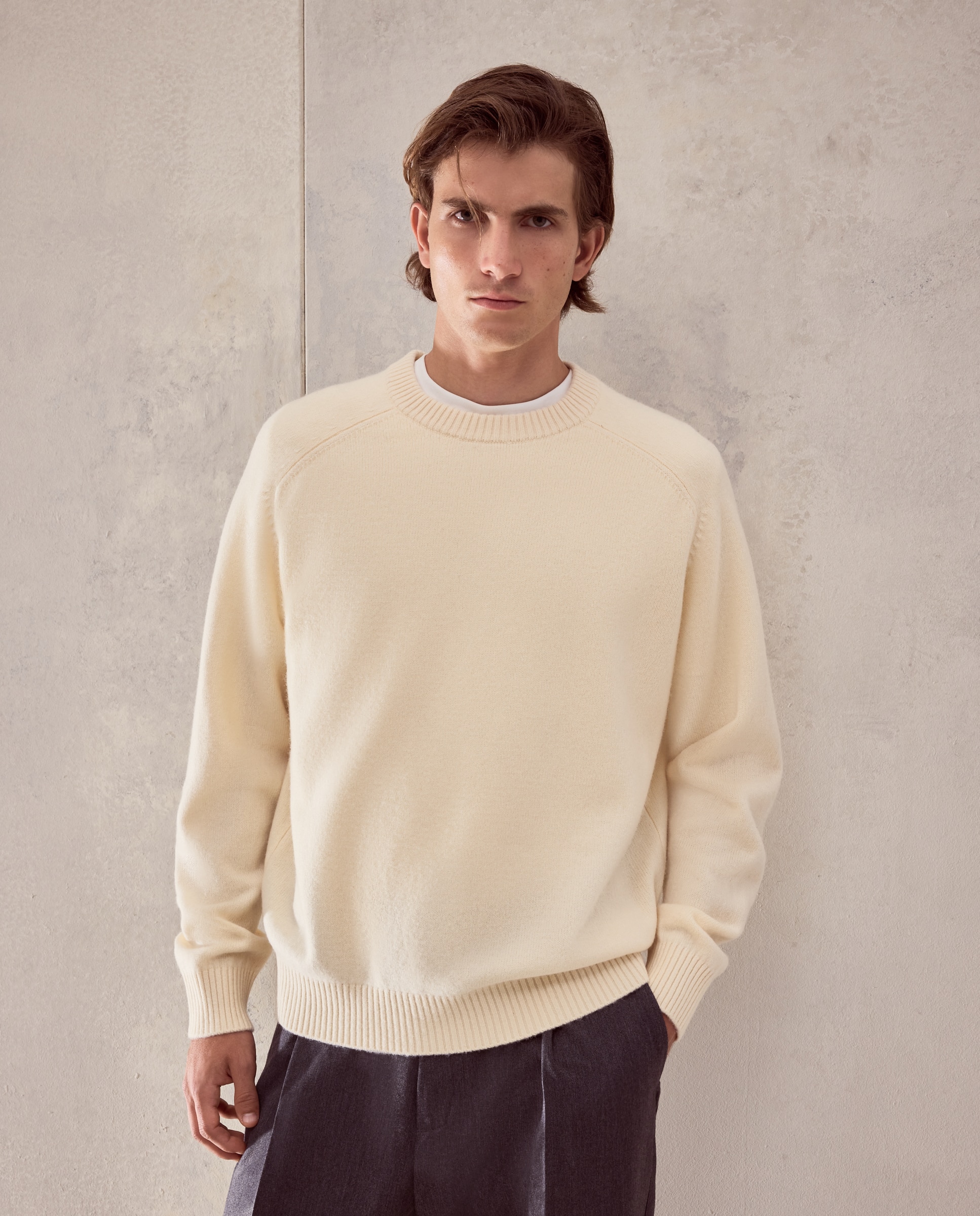 Jersey cuello redondo liso lana/cashmere de hombre - Dustin - Amarillo Amarillo-1