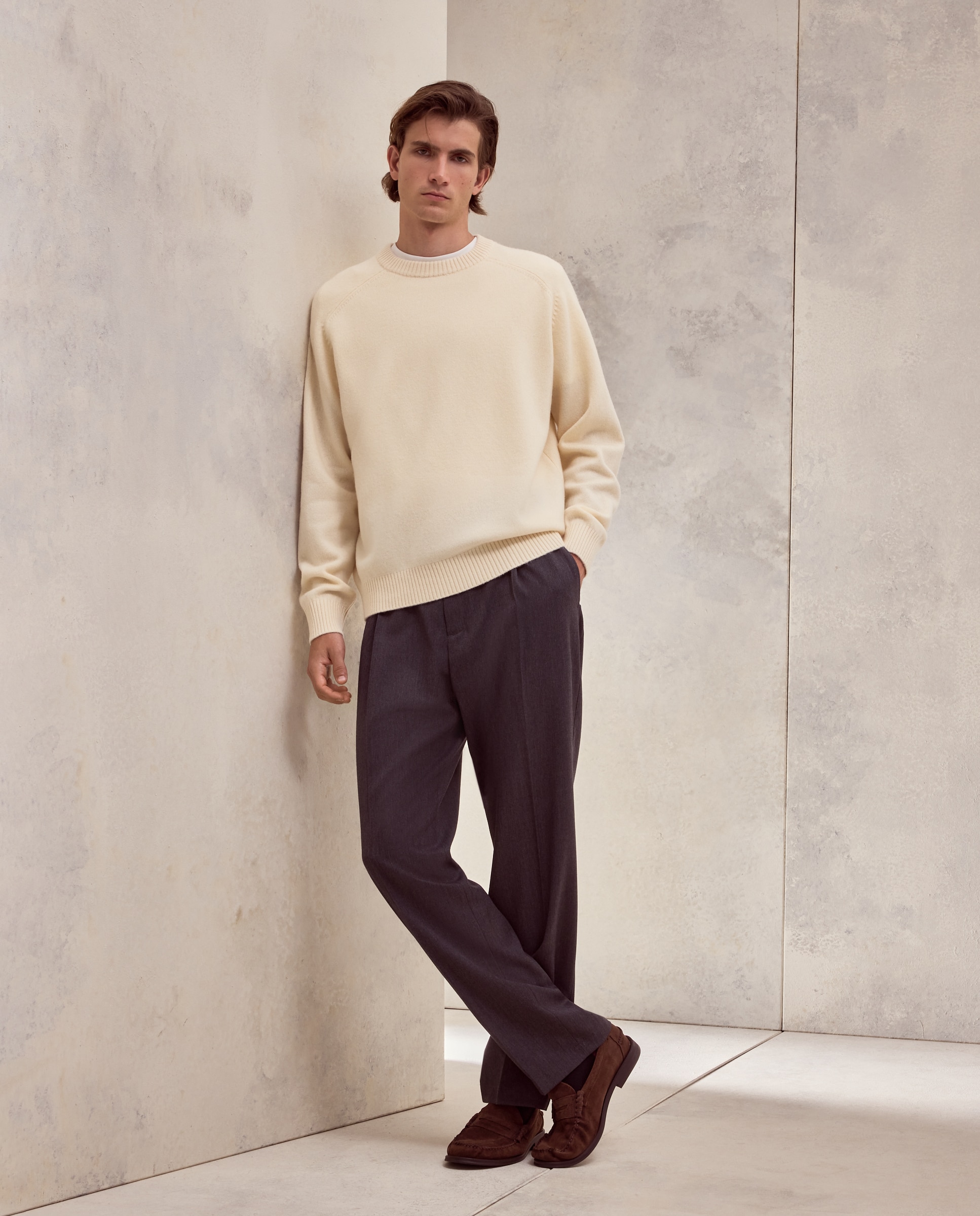 Jersey cuello redondo liso lana/cashmere de hombre - Dustin - Amarillo Amarillo-2