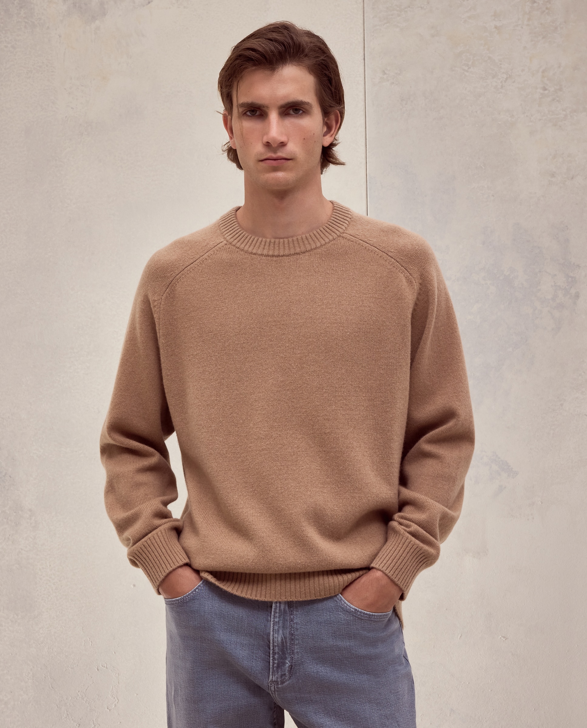 Jersey cuello redondo liso lana/cashmere de hombre - Dustin - Marrón claro Marrón claro-1