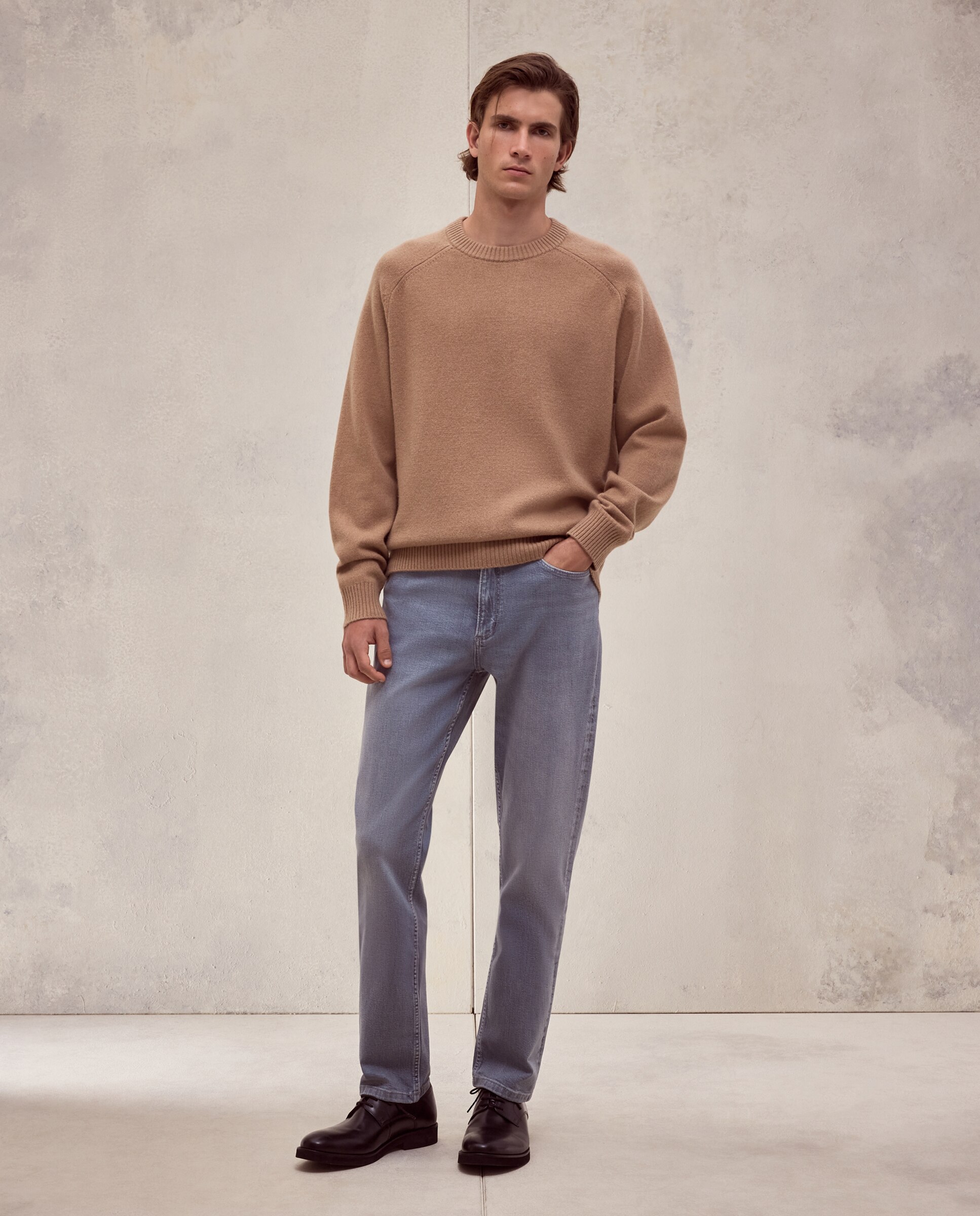 Jersey cuello redondo liso lana/cashmere de hombre - Dustin - Marrón claro Marrón claro-2