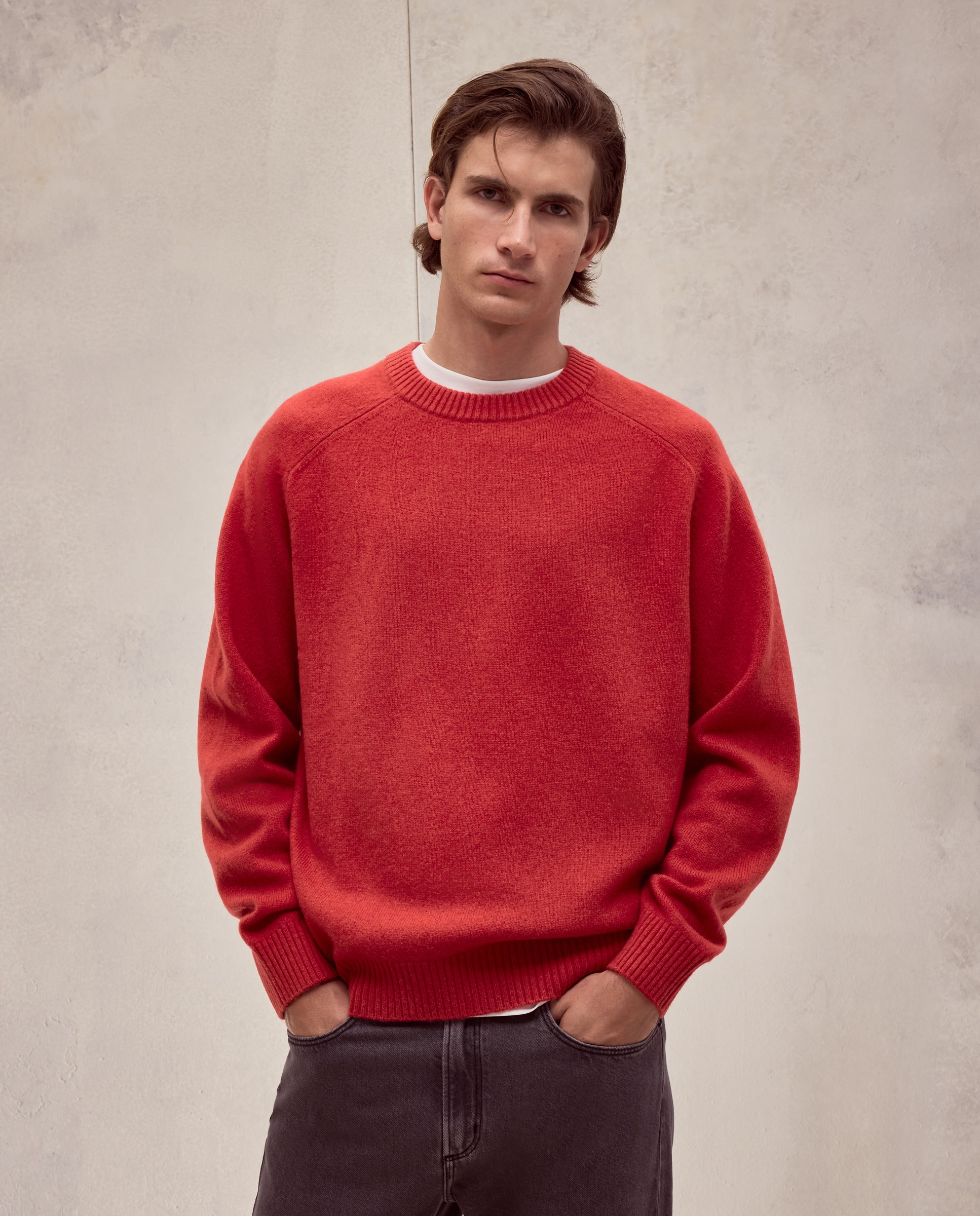 Jersey cuello redondo liso lana/cashmere de hombre - Dustin - Rojo Rojo-1