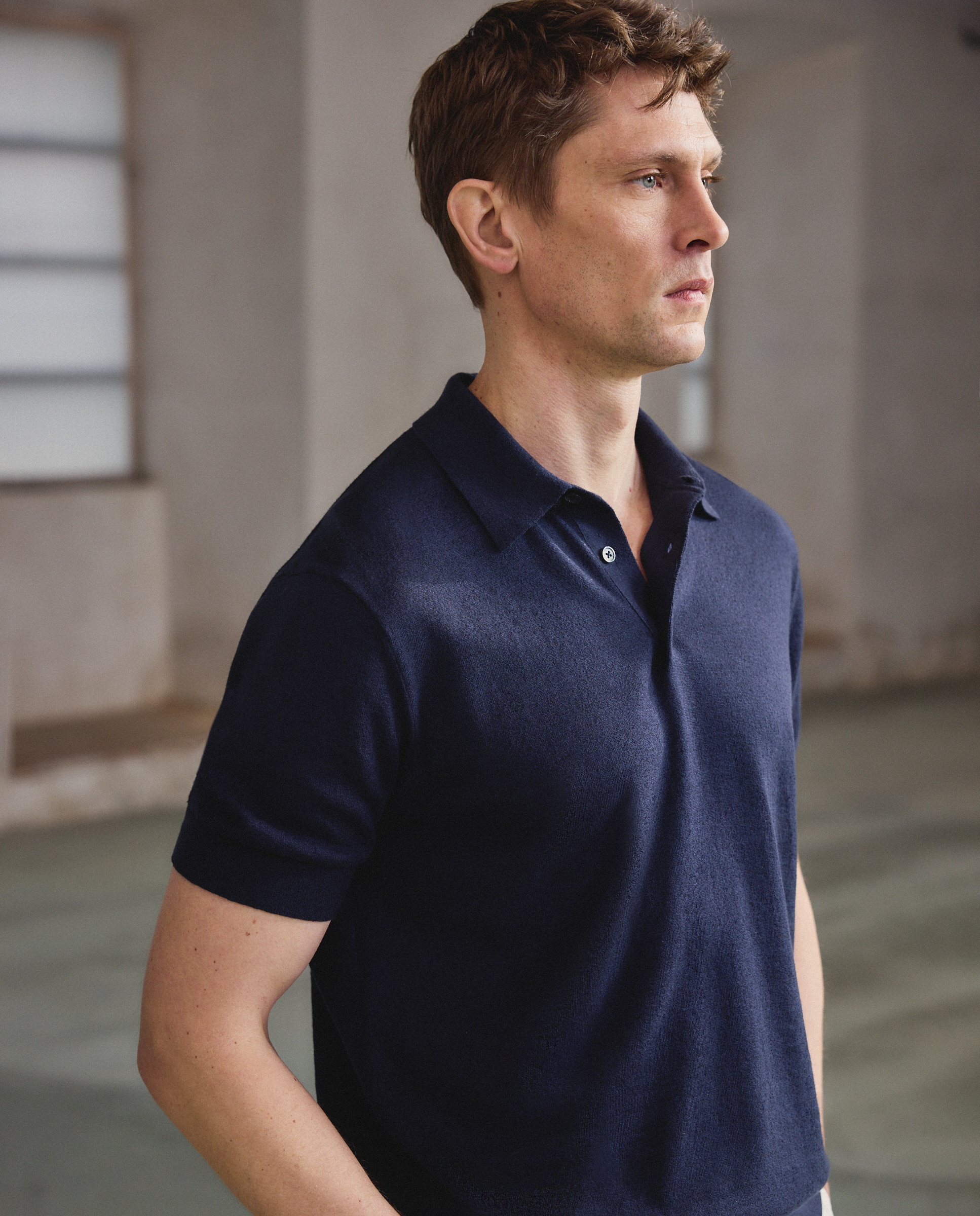 Camisola de Malha Lisa de Algodão e Linho com Colarinho de Polo e Manga Curta Azul-marinho-1