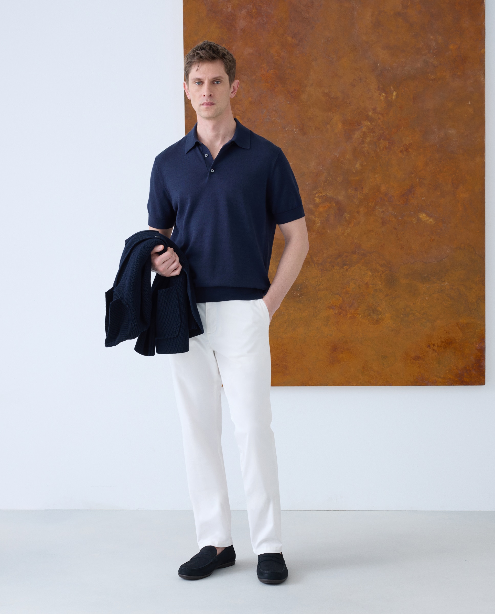 Camisola de Malha Lisa de Algodão e Linho com Colarinho de Polo e Manga Curta Azul-marinho-2
