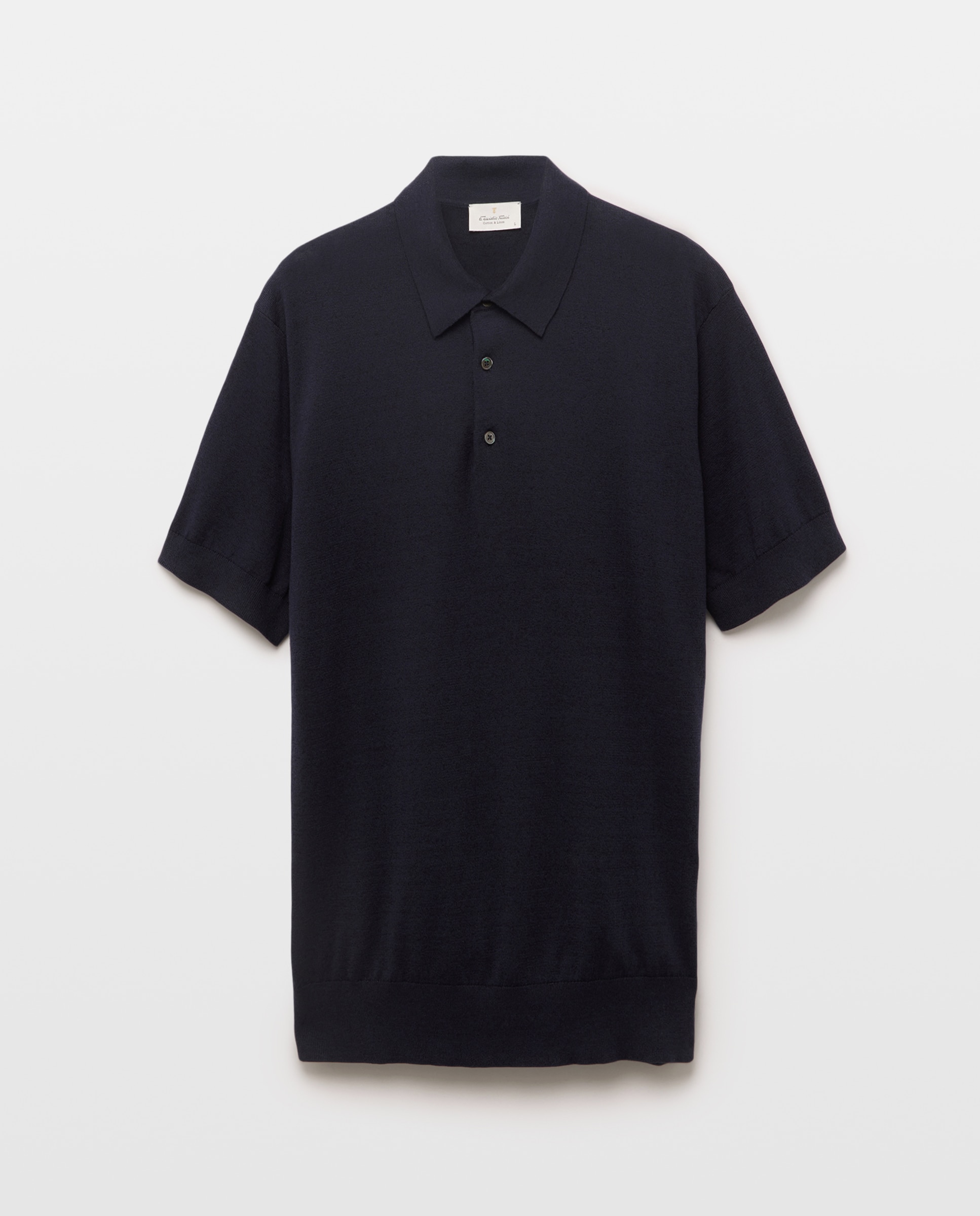 Camisola de Malha Lisa de Algodão e Linho com Colarinho de Polo e Manga Curta Azul-marinho-5