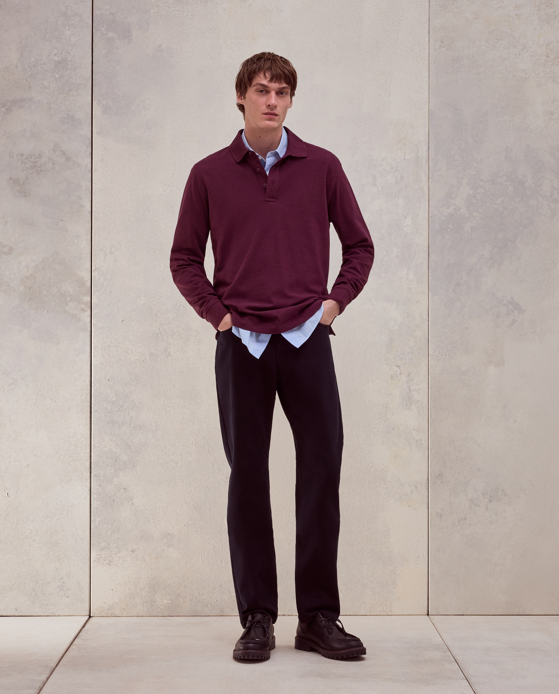 Polo manga larga pique melange 100% algodón de hombre - Dustin - Burdeos Burdeos-1