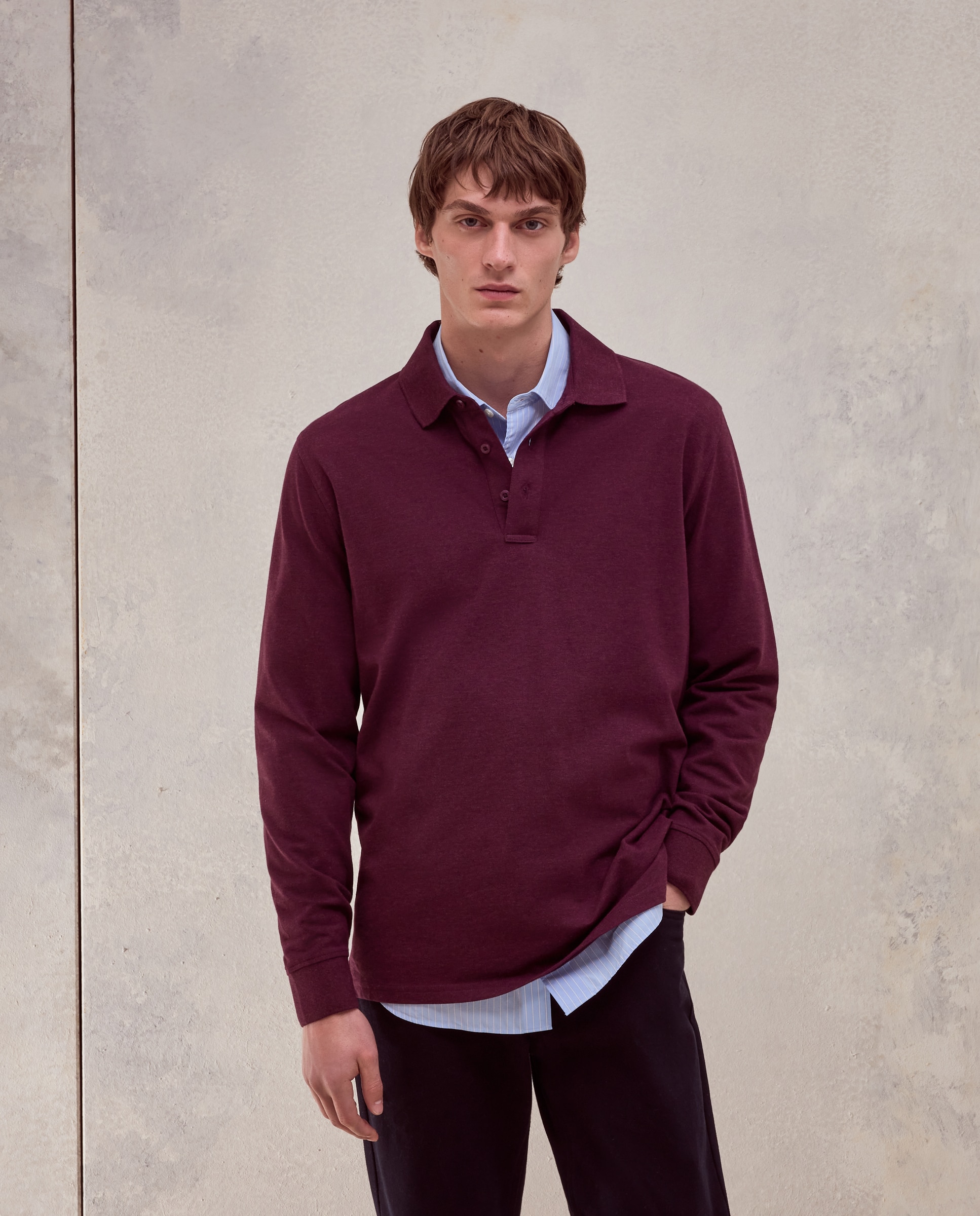 Polo manga larga pique melange 100% algodón de hombre - Dustin - Burdeos Burdeos-2