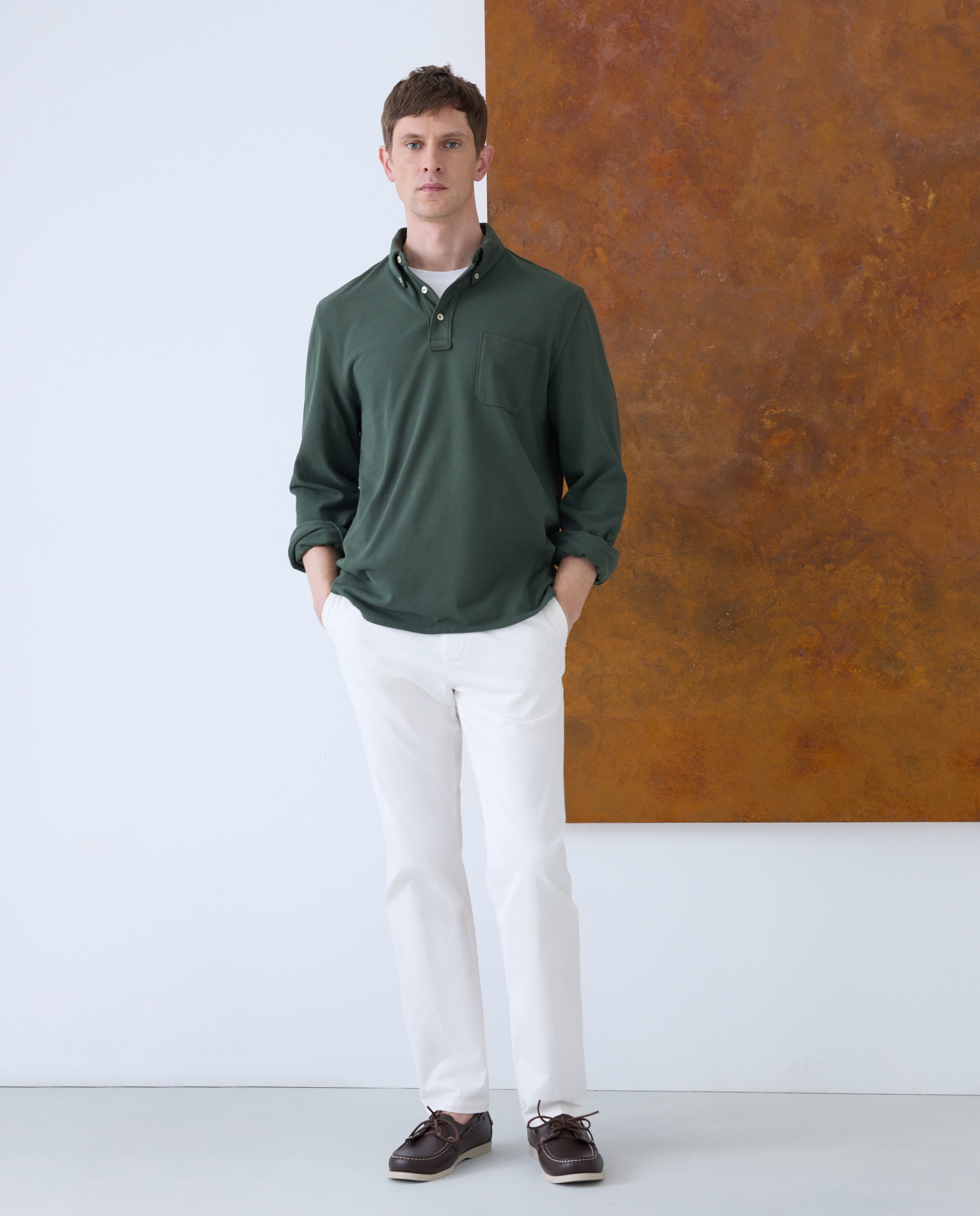 Polo Liso de Manga Comprida Button Down Garment Dye Verde-escuro-2