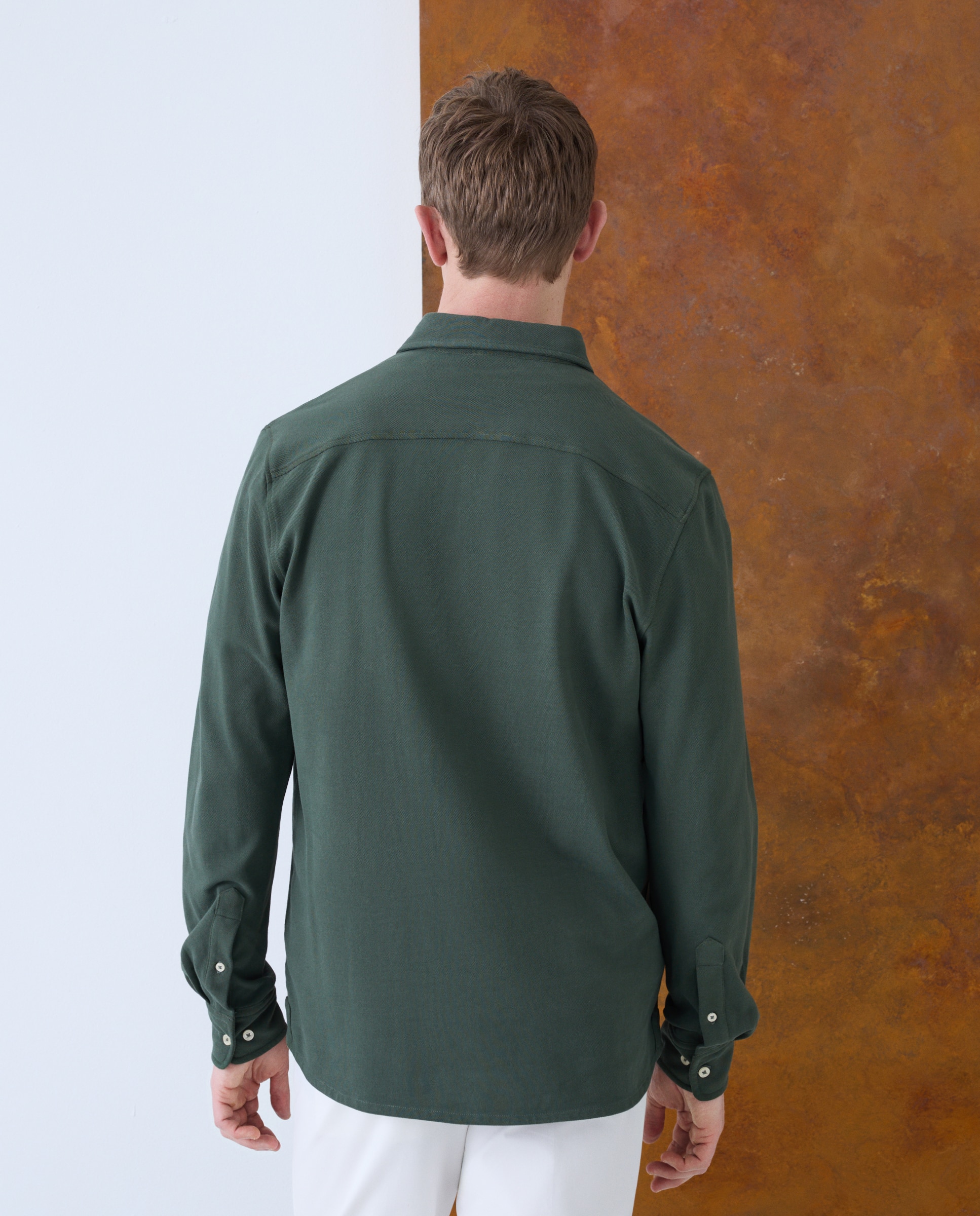 Polo Liso de Manga Comprida Button Down Garment Dye Verde-escuro-3