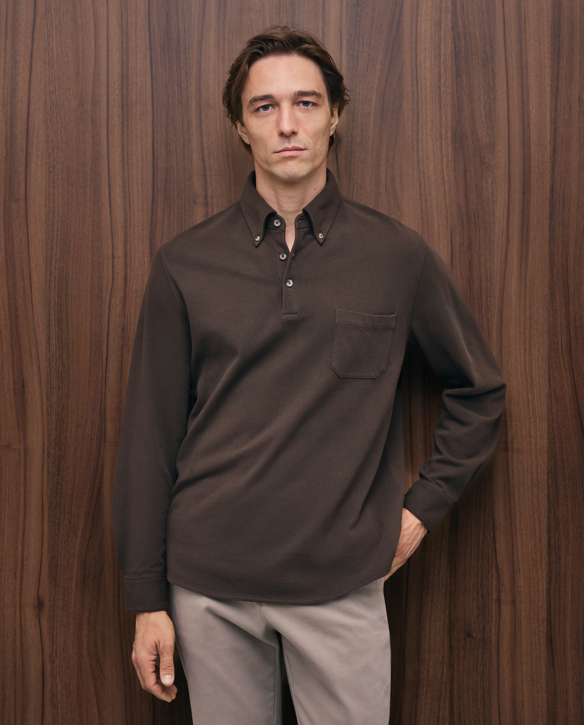 Polo manga larga pique de hombre liso camisero - Emidio Tucci - Marrón oscuro Marrón oscuro-1