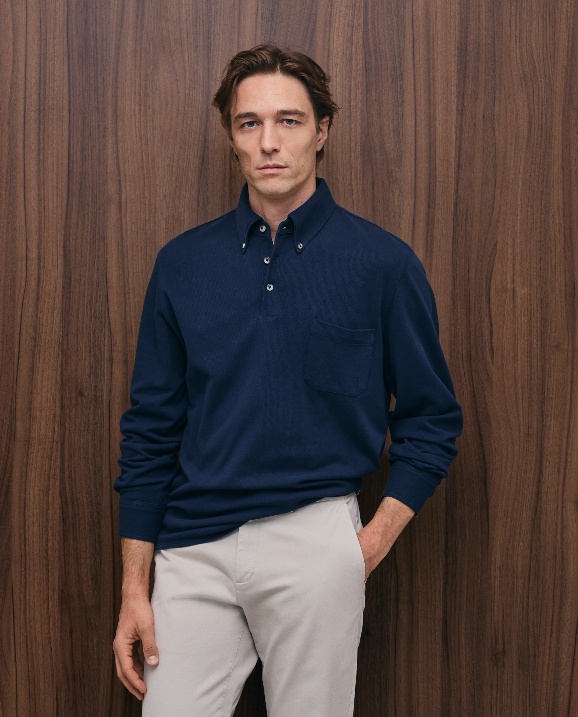 Polo manga larga pique de hombre liso camisero - Emidio Tucci - Azul marino Azul marino-2