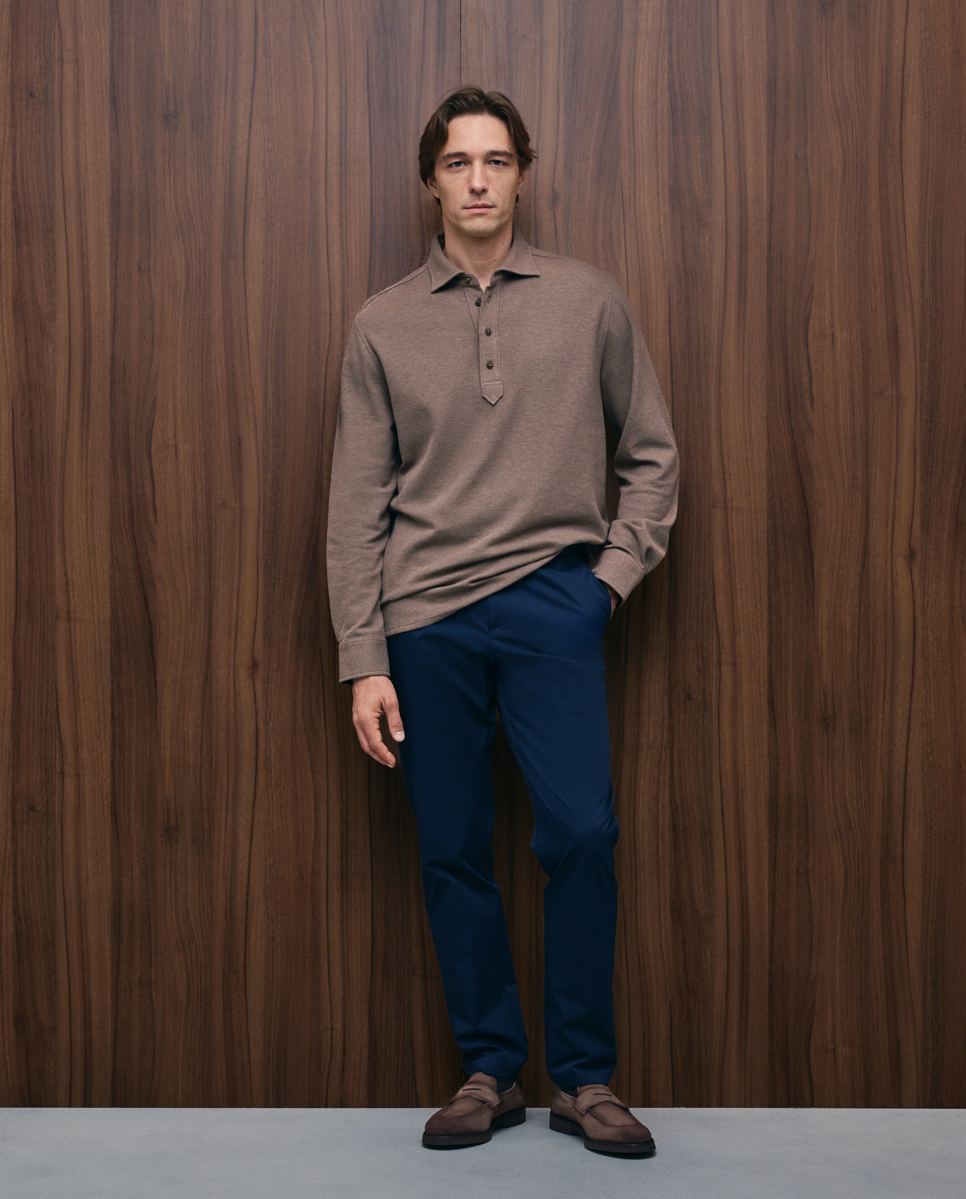 Polo pique manga larga con bolsillo 100% algodón de hombre - Emidio Tucci - Marrón oscuro Marrón oscuro-2