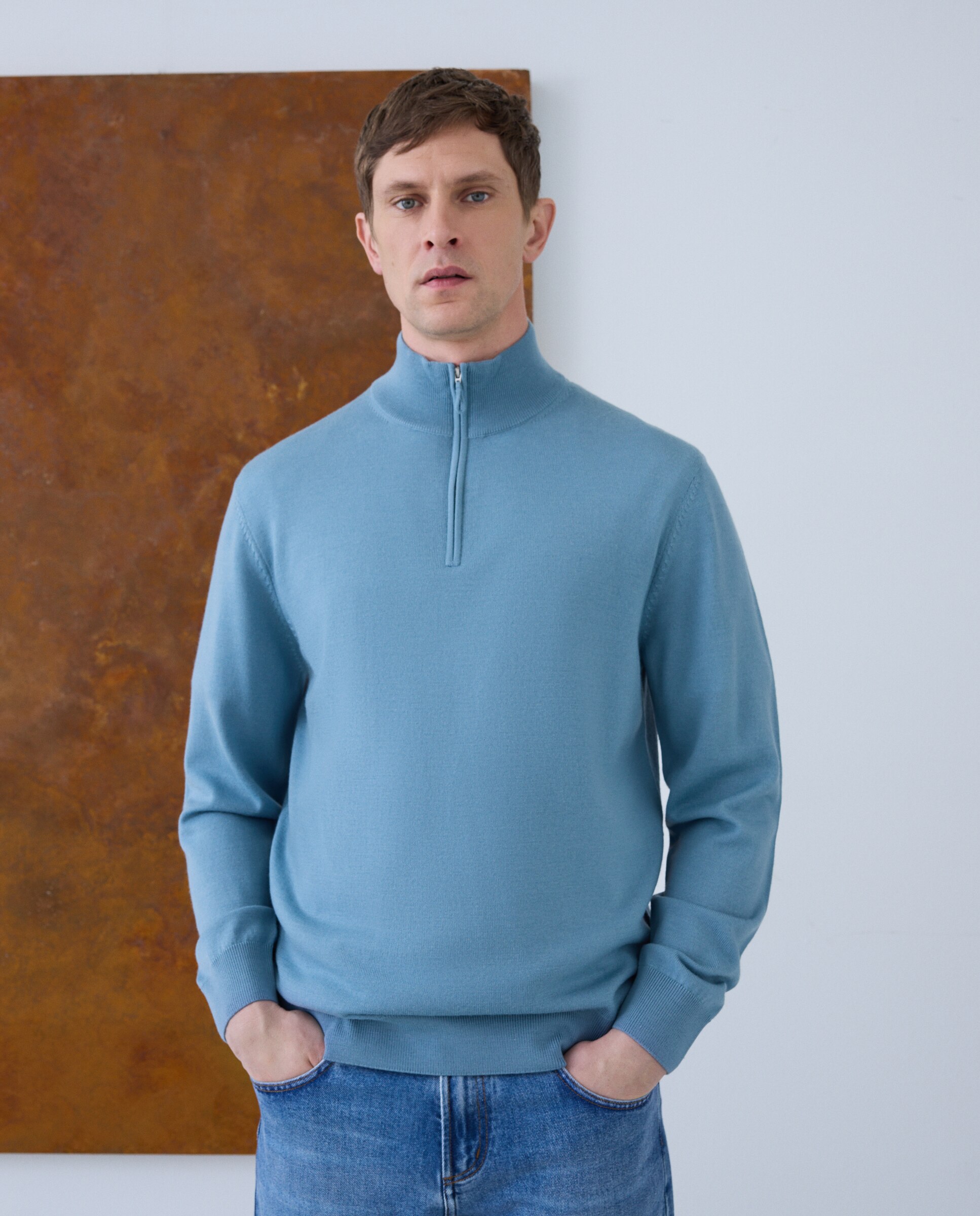 Jersey de hombre cuello semicisne cremallera liso 100% lana merino - Emidio Tucci - Azul claro Azul claro-2