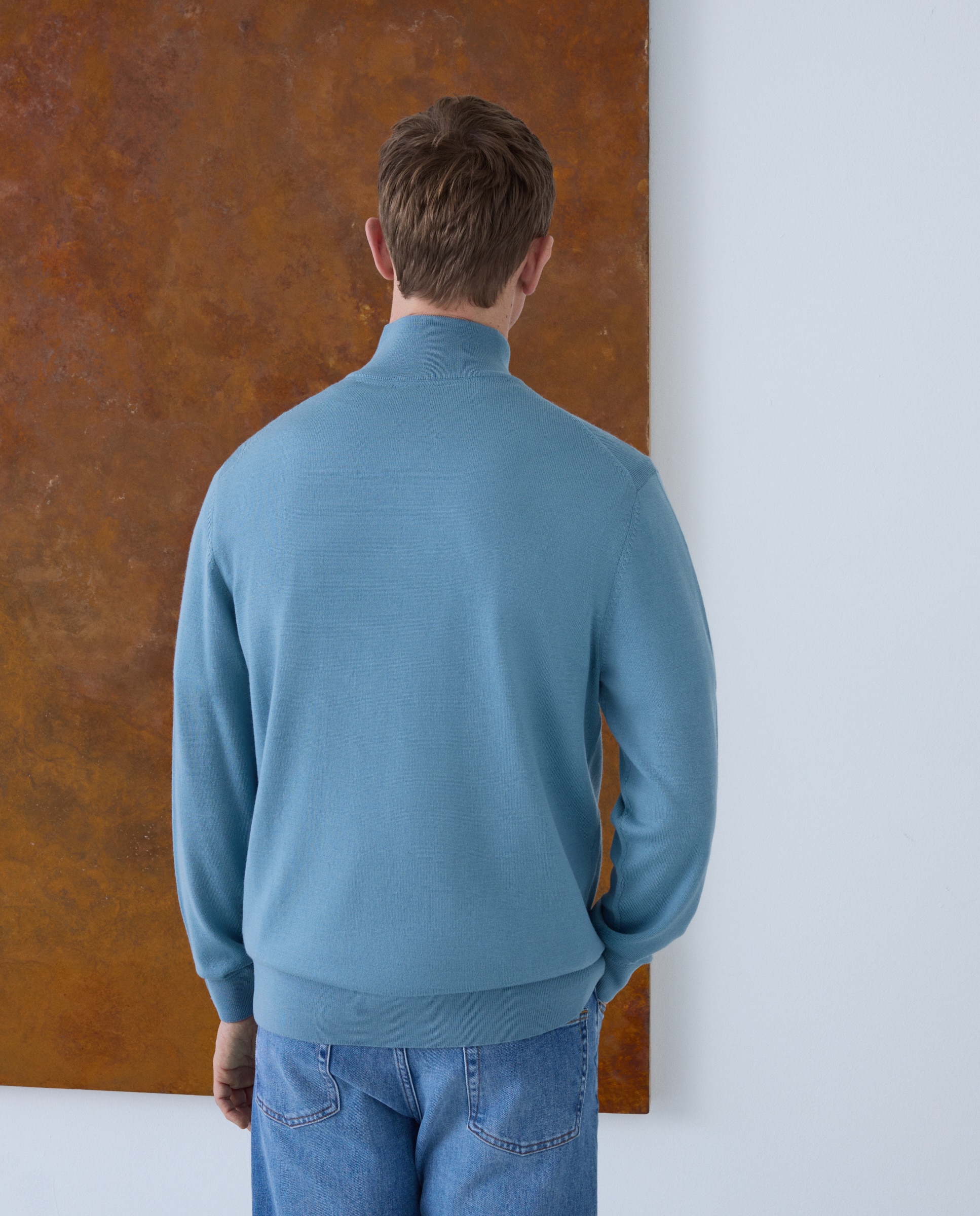 Jersey de hombre cuello semicisne cremallera liso 100% lana merino - Emidio Tucci - Azul claro Azul claro-3