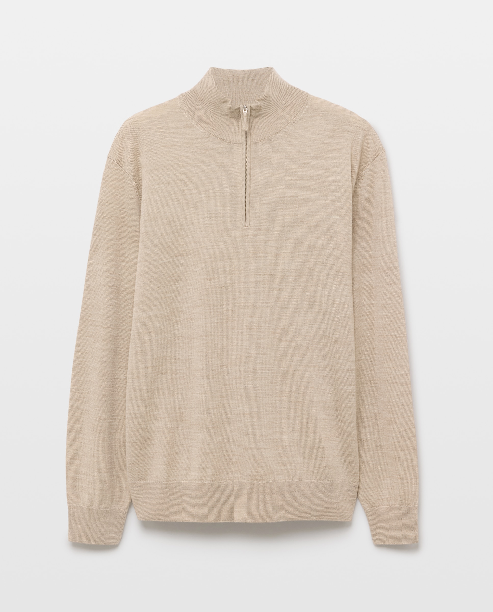 Camisola de Malha Lisa 100% Lã Merino com Gola Semi Cisne e Fecho de Correr Bege-4