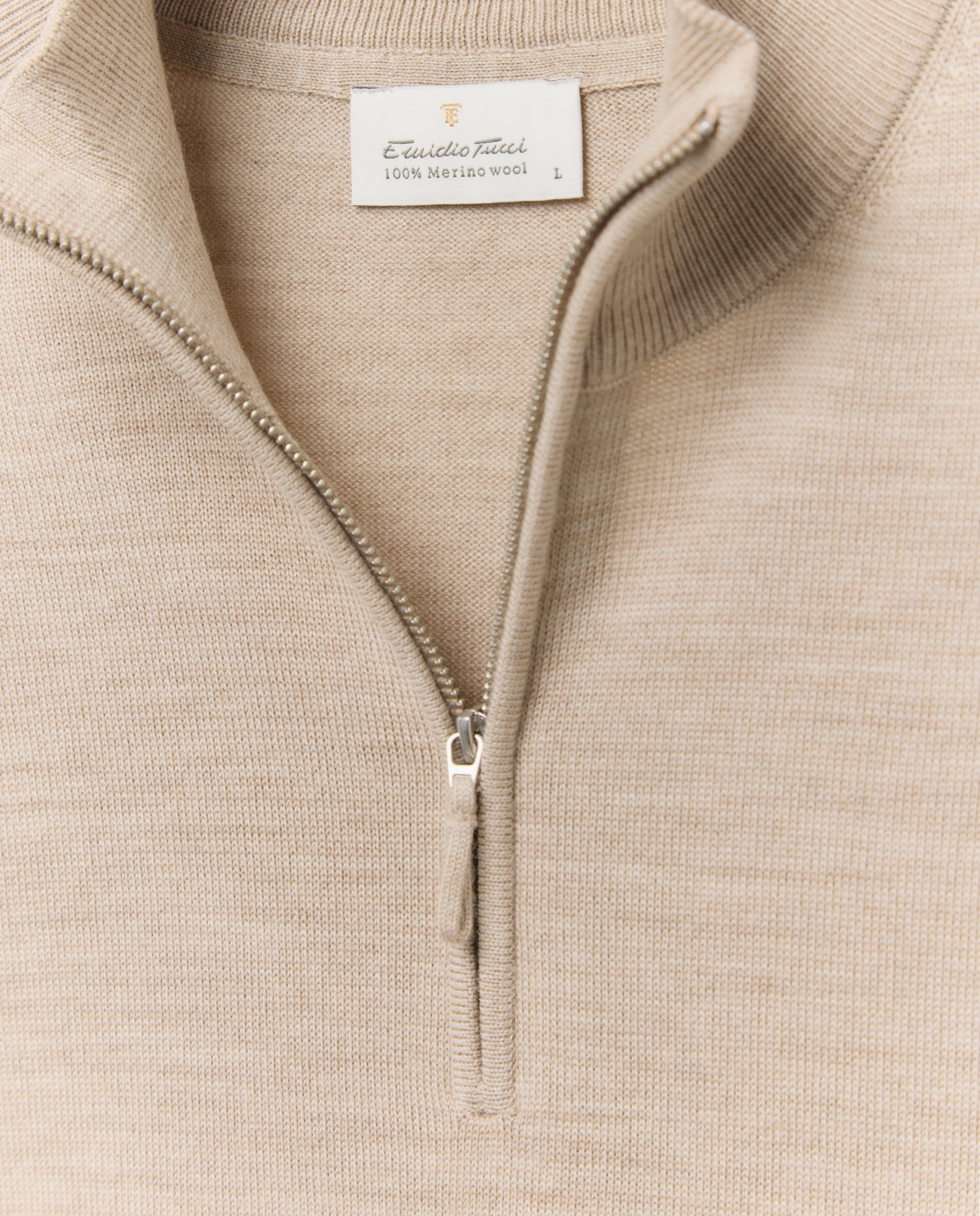 Camisola de Malha Lisa 100% Lã Merino com Gola Semi Cisne e Fecho de Correr Bege-5