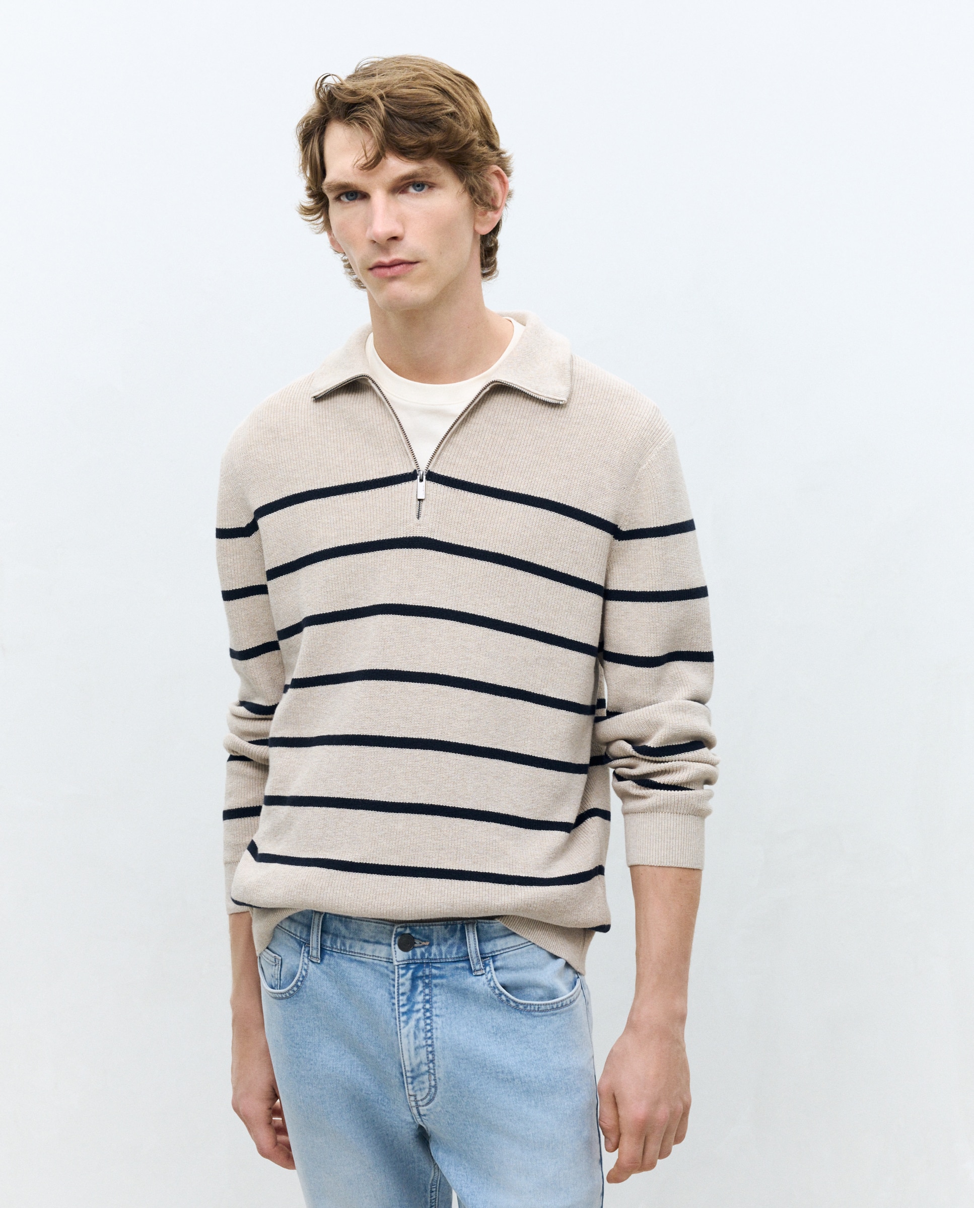 Suéter cremallera rayas hombre - Dustin - Azul marino Beige-1