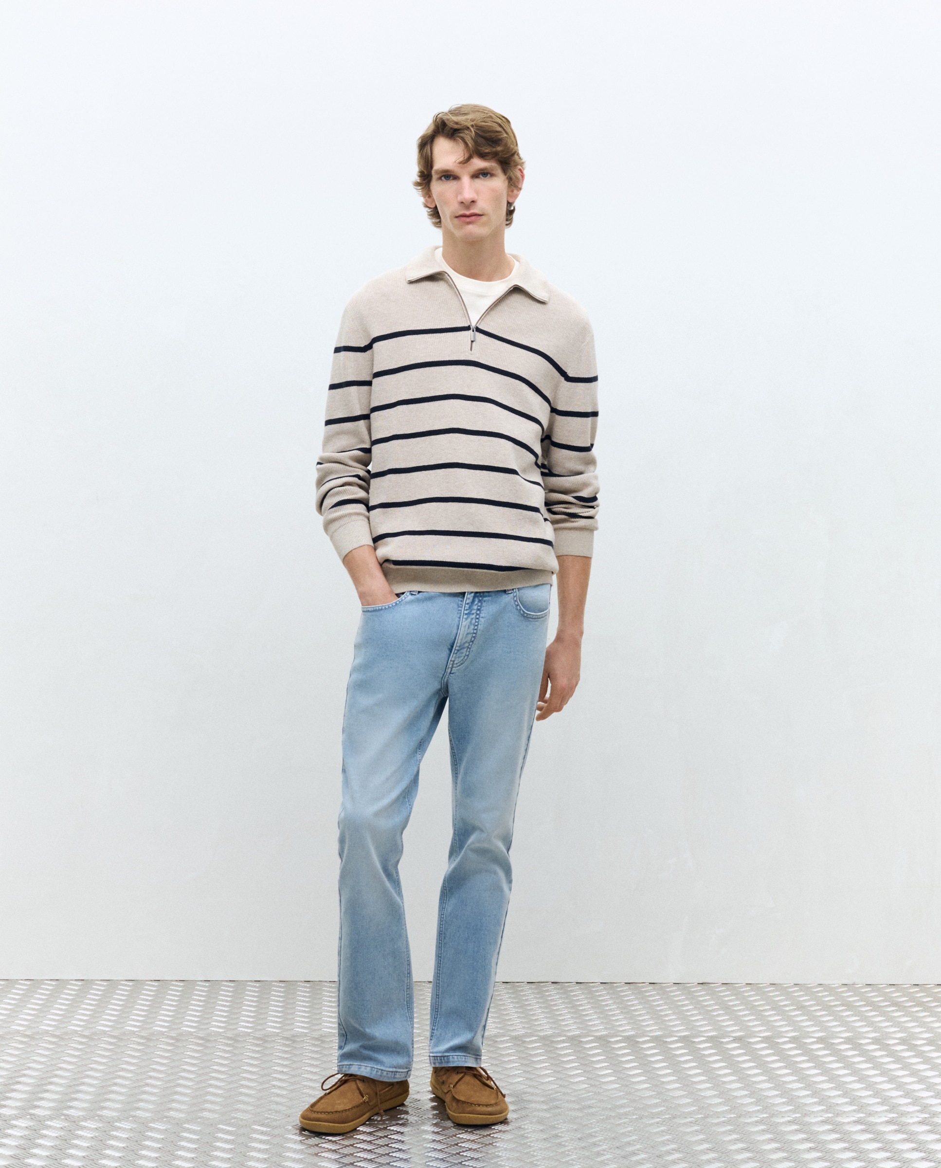 Suéter cremallera rayas hombre - Dustin - Azul marino Beige-2