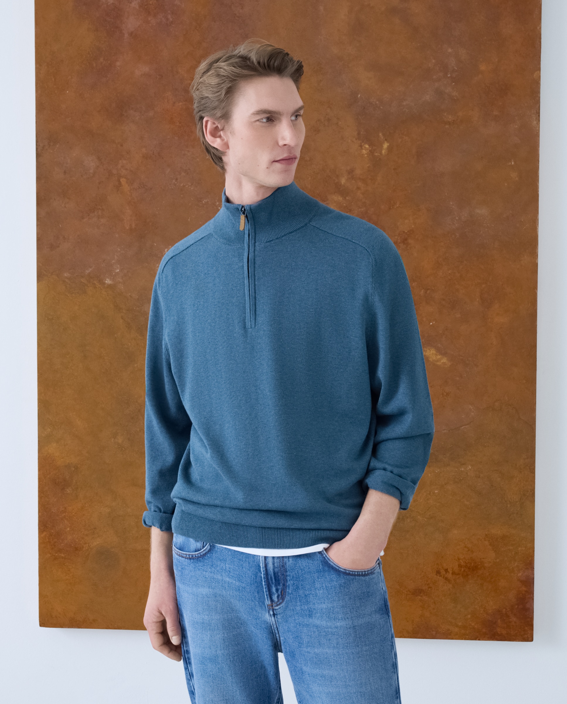 Camisola de Malha Lisa de Algodão e Seda com Gola Semicisne e Fecho de Correr Azul-1