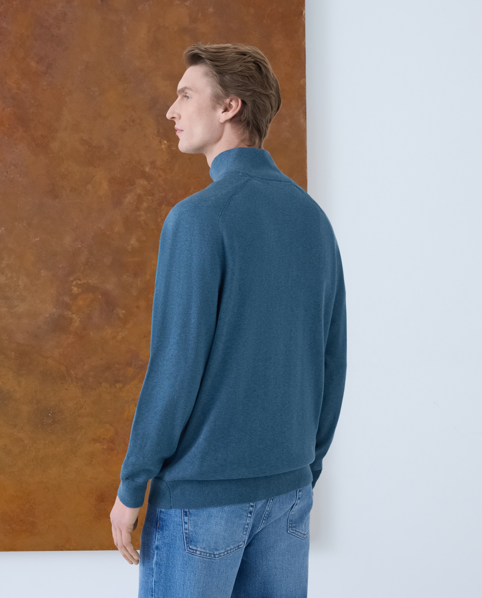 Camisola de Malha Lisa de Algodão e Seda com Gola Semicisne e Fecho de Correr Azul-3