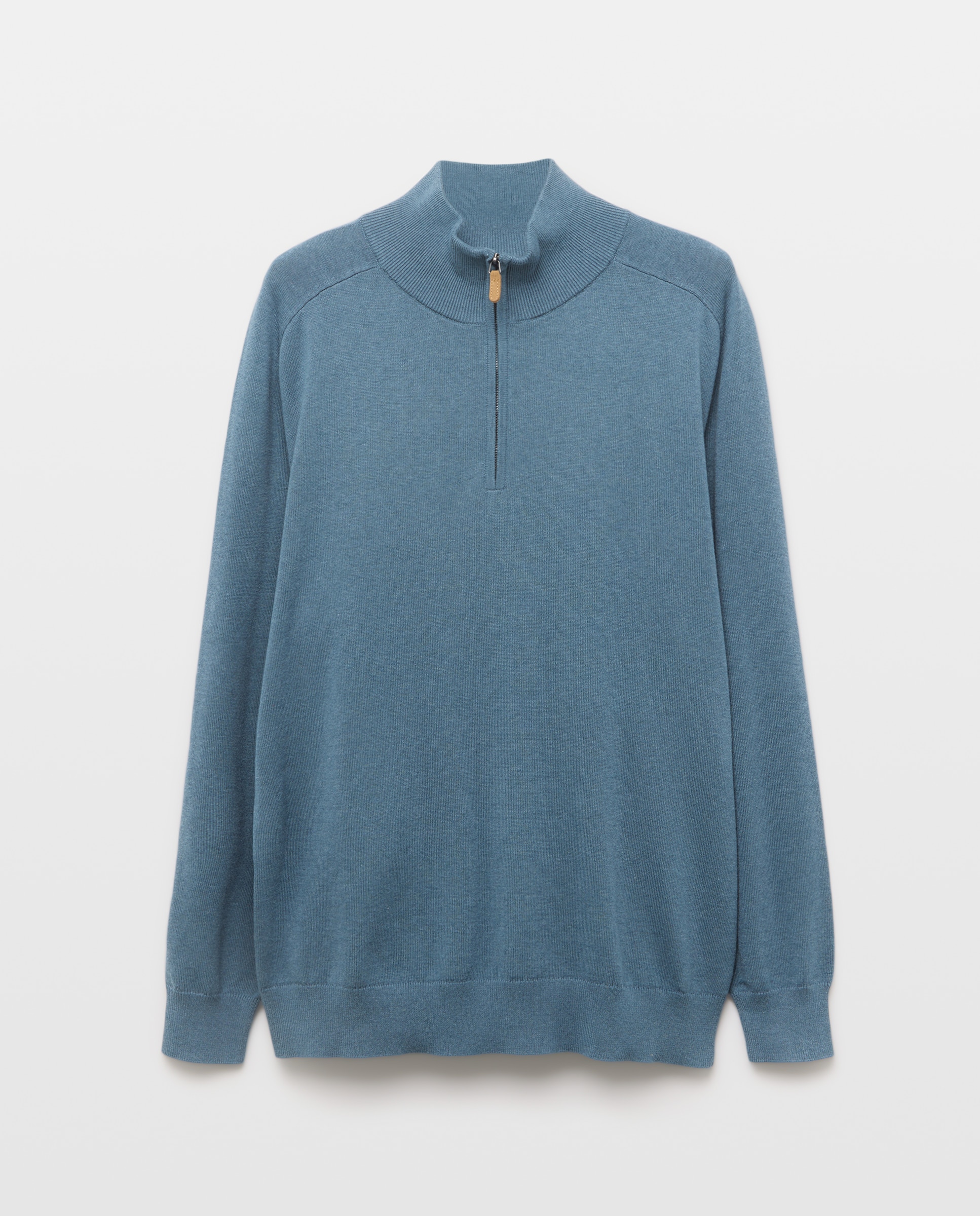 Camisola de Malha Lisa de Algodão e Seda com Gola Semicisne e Fecho de Correr Azul-4