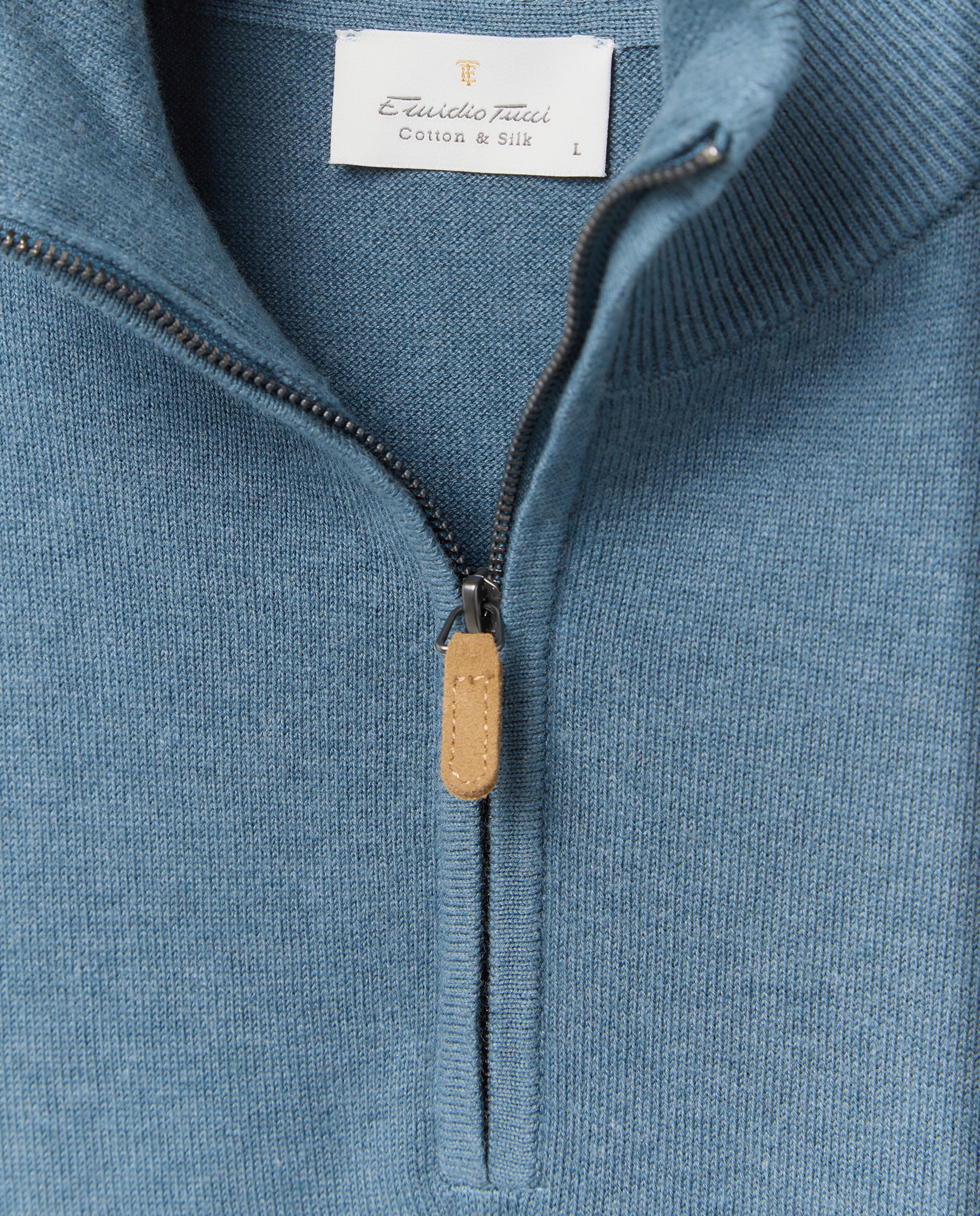 Camisola de Malha Lisa de Algodão e Seda com Gola Semicisne e Fecho de Correr Azul-5