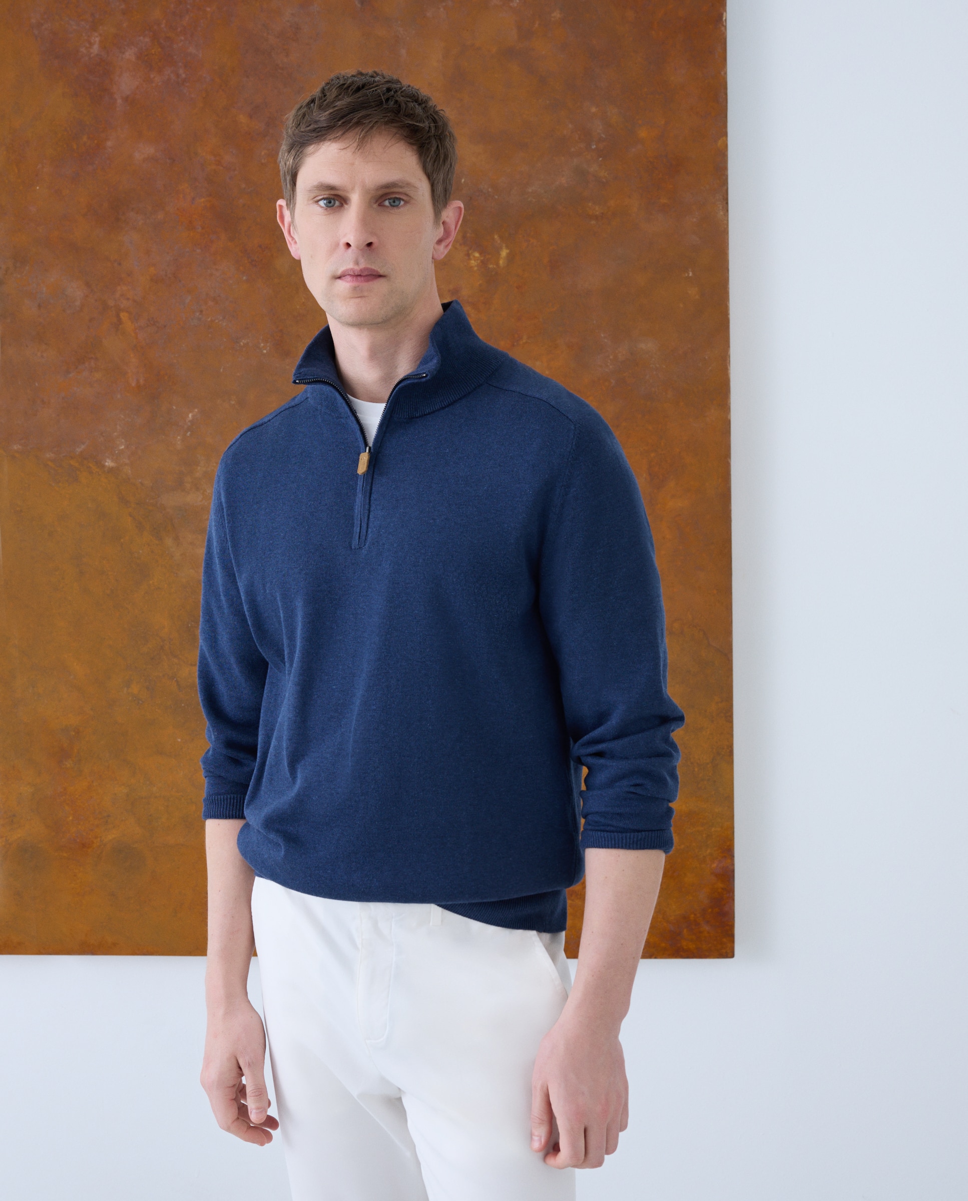 Camisola de Malha Lisa de Algodão e Seda com Gola Semicisne e Fecho de Correr Azul-1
