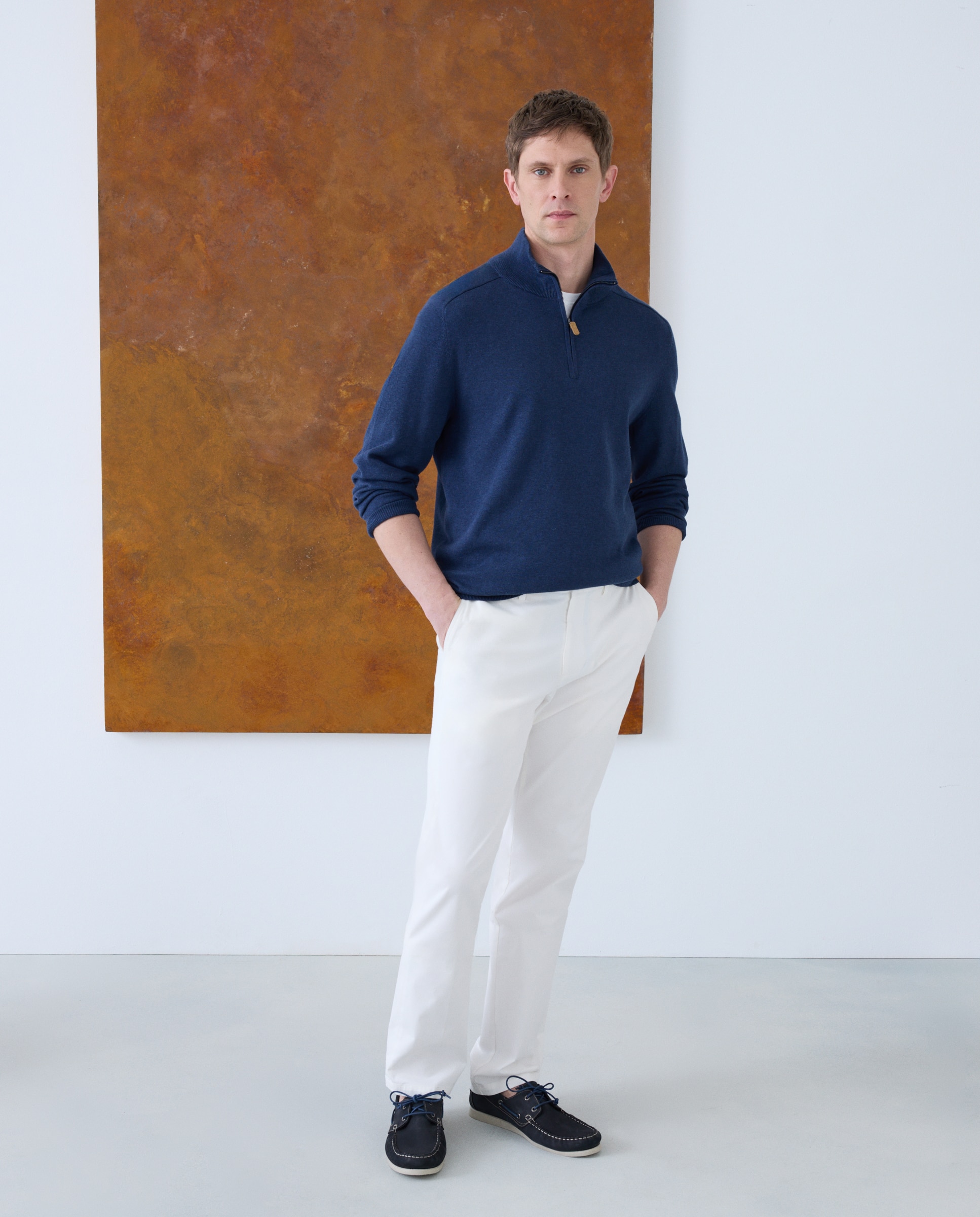 Camisola de Malha Lisa de Algodão e Seda com Gola Semicisne e Fecho de Correr Azul-2