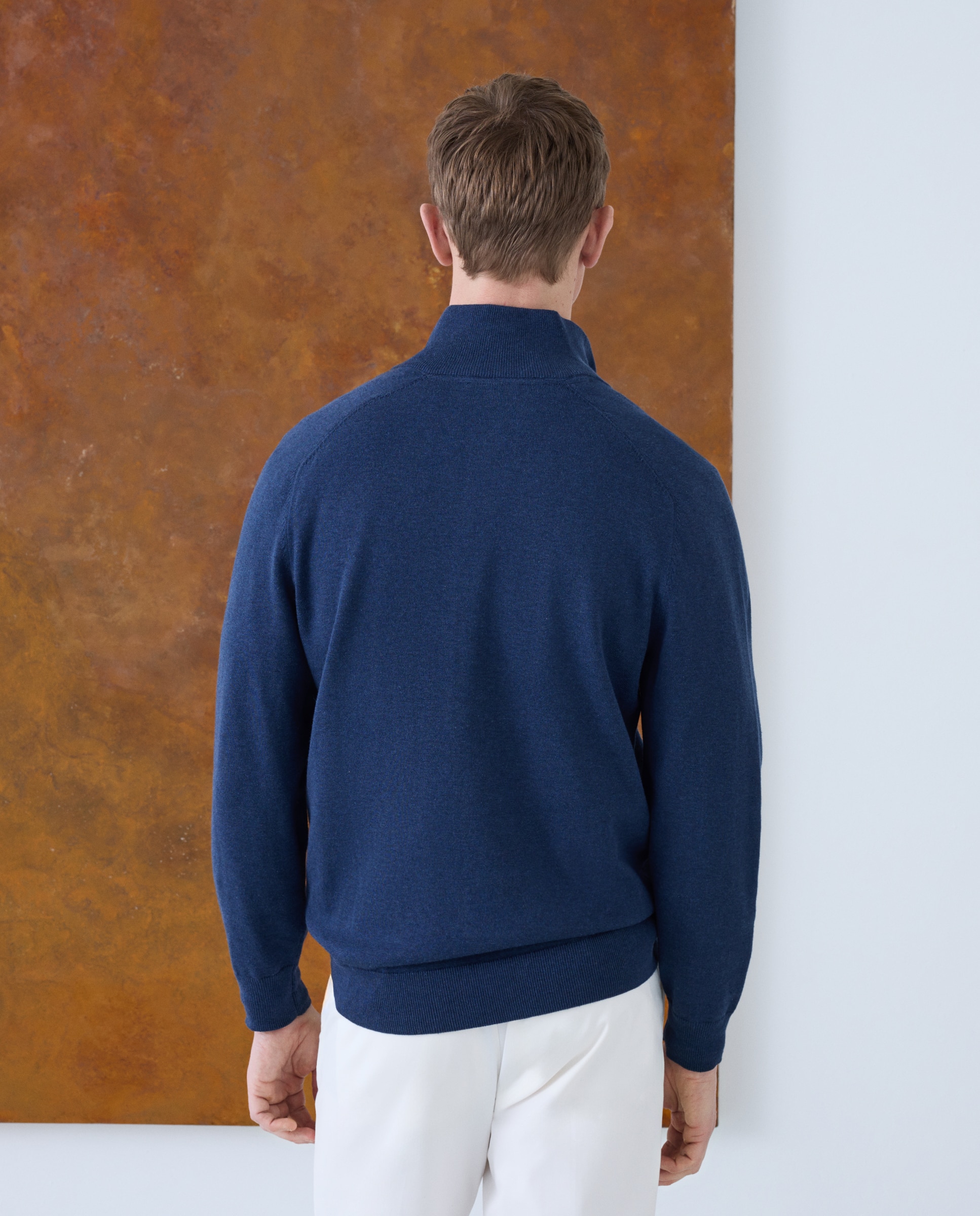 Camisola de Malha Lisa de Algodão e Seda com Gola Semicisne e Fecho de Correr Azul-3
