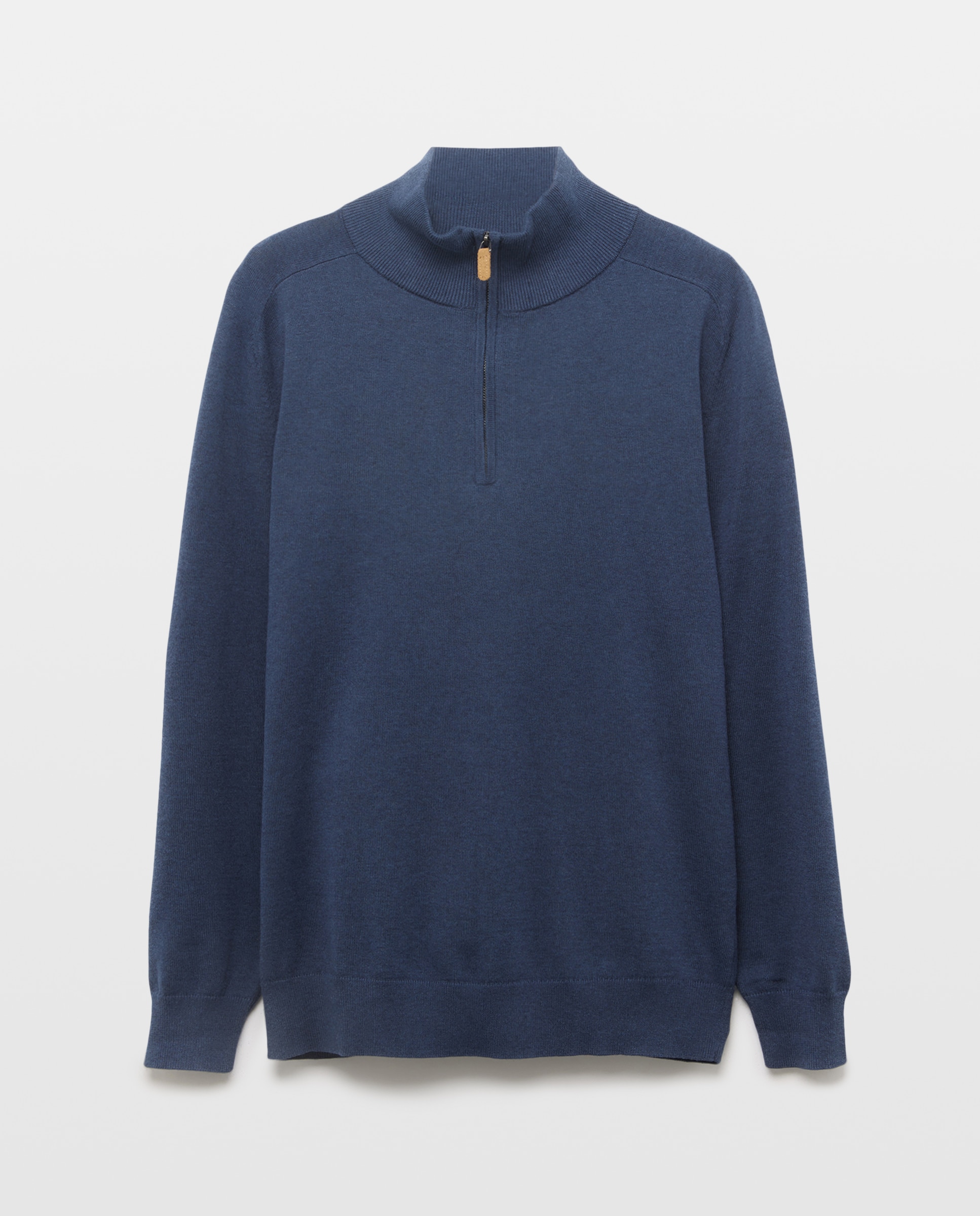 Camisola de Malha Lisa de Algodão e Seda com Gola Semicisne e Fecho de Correr Azul-4