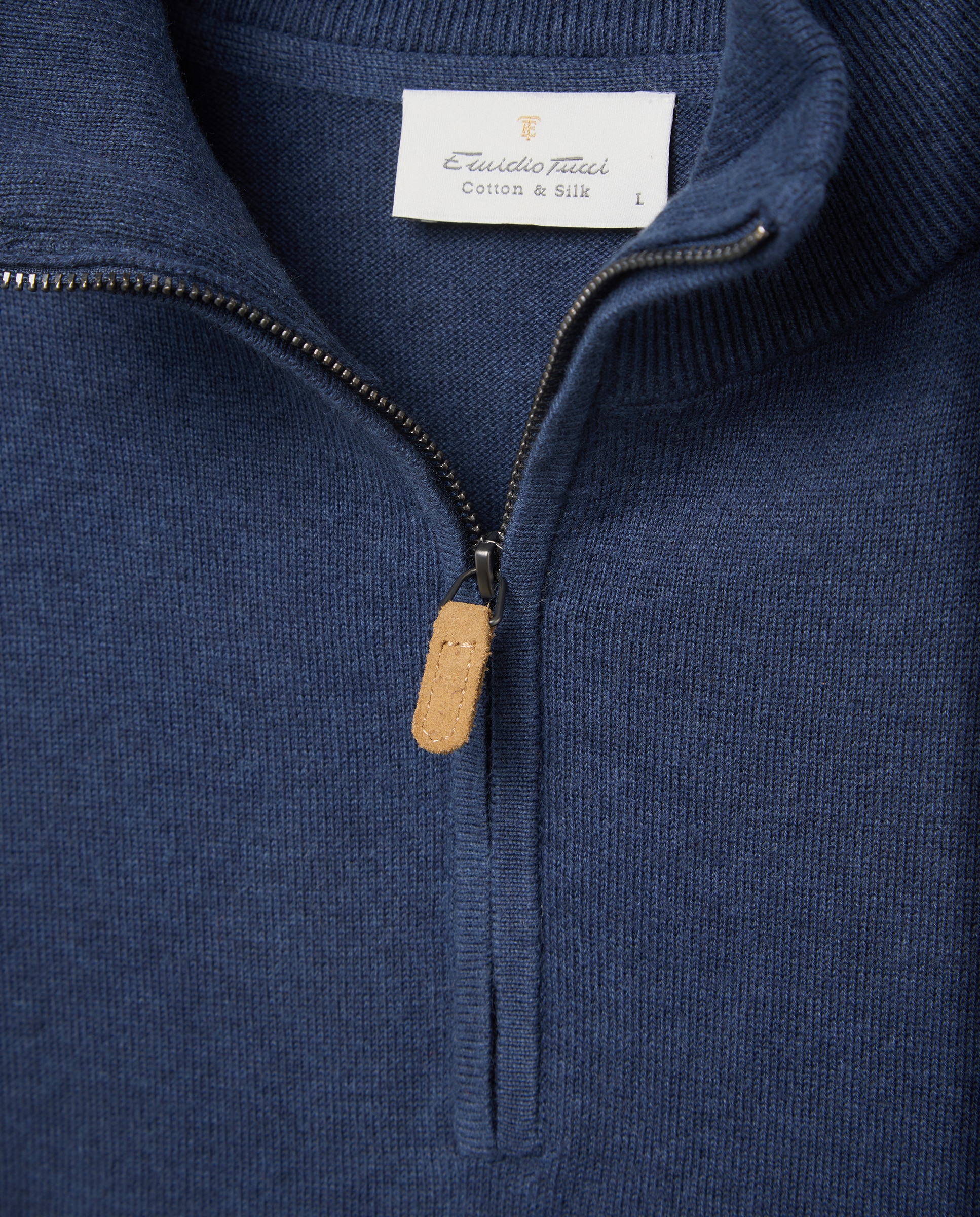 Camisola de Malha Lisa de Algodão e Seda com Gola Semicisne e Fecho de Correr Azul-5