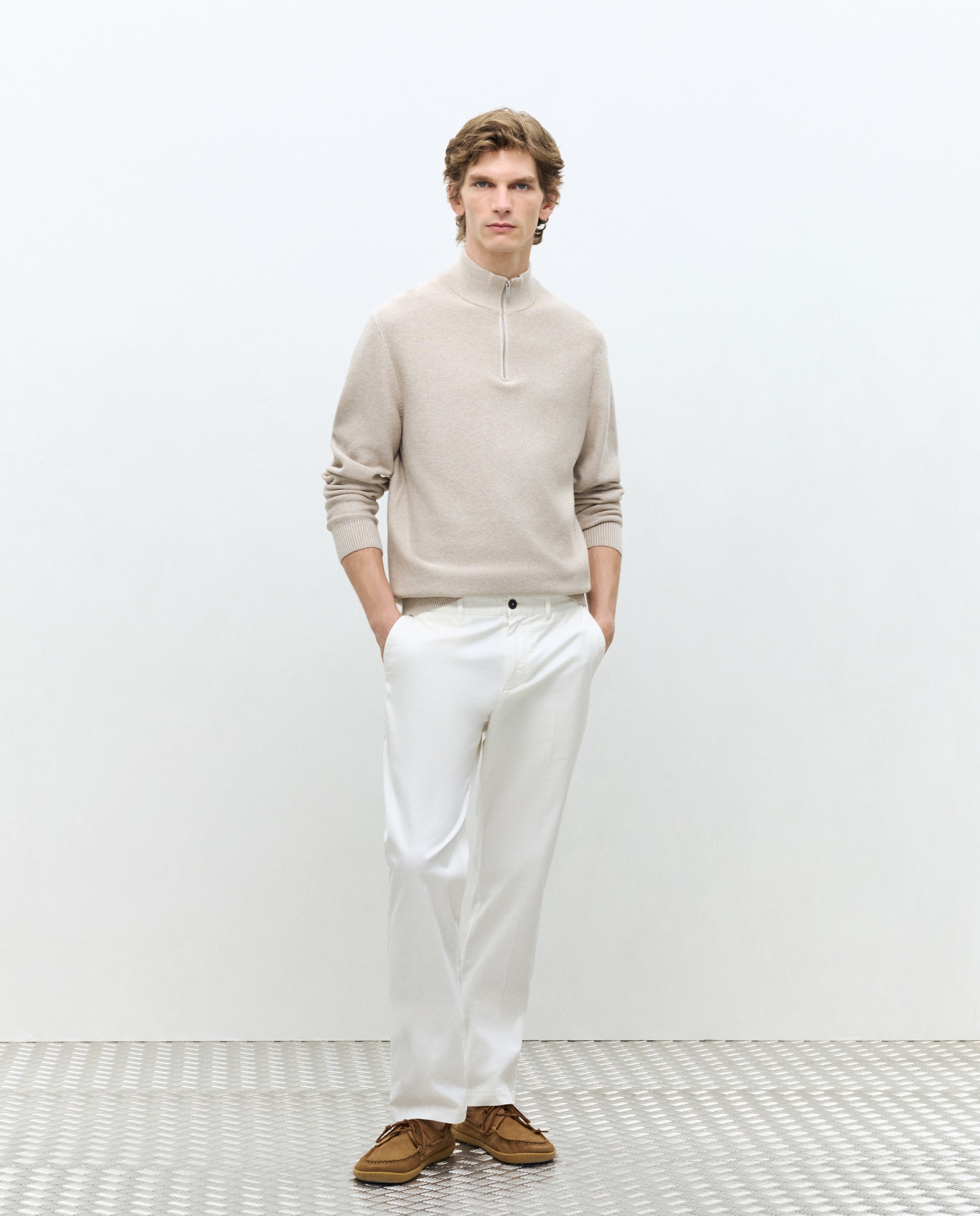 Camisola com Meio Fecho de Correr Bege-1