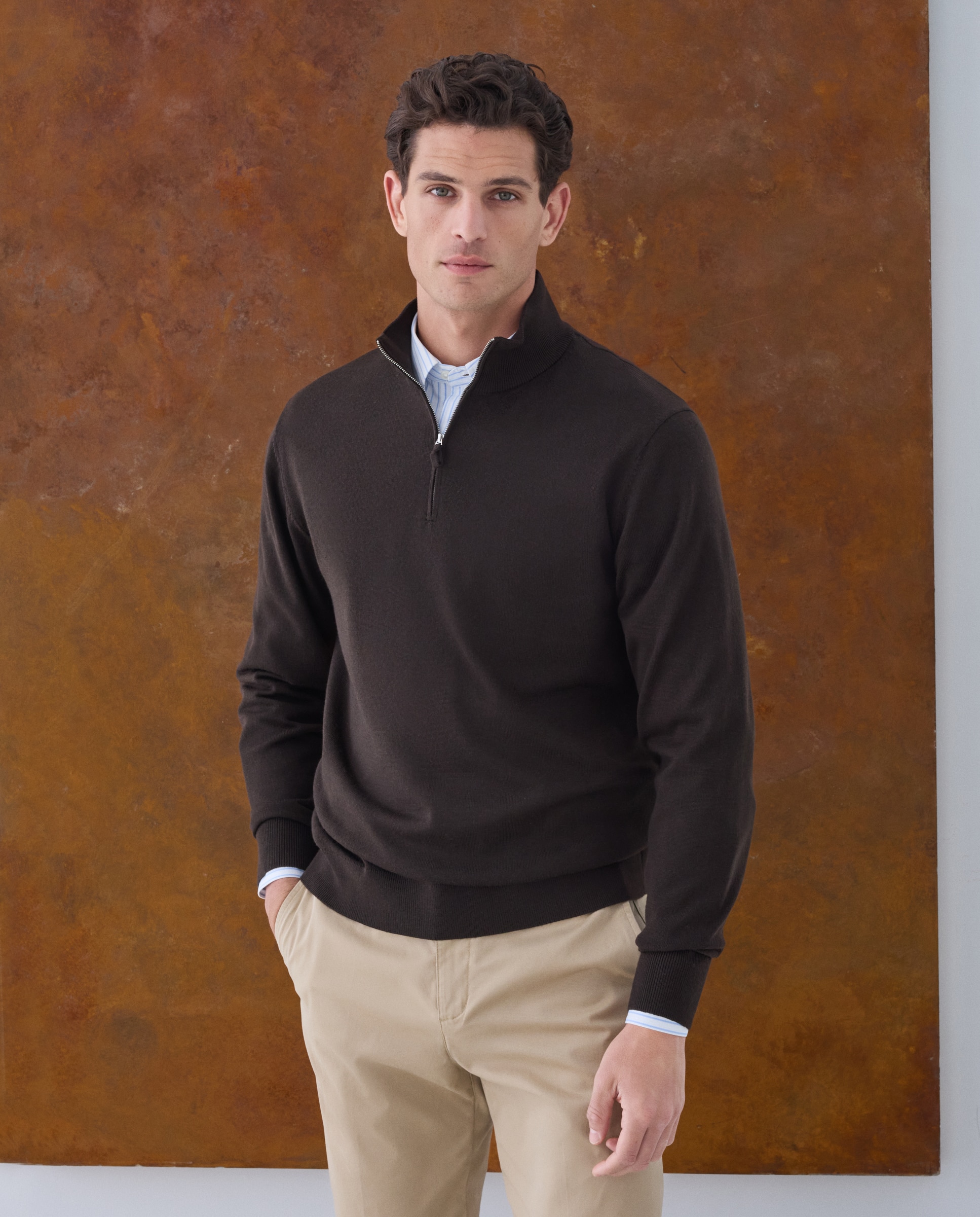 Jersey cuello semicisne lavable 100% lana merino de hombre - Emidio Tucci - Marrón oscuro Marrón oscuro-1