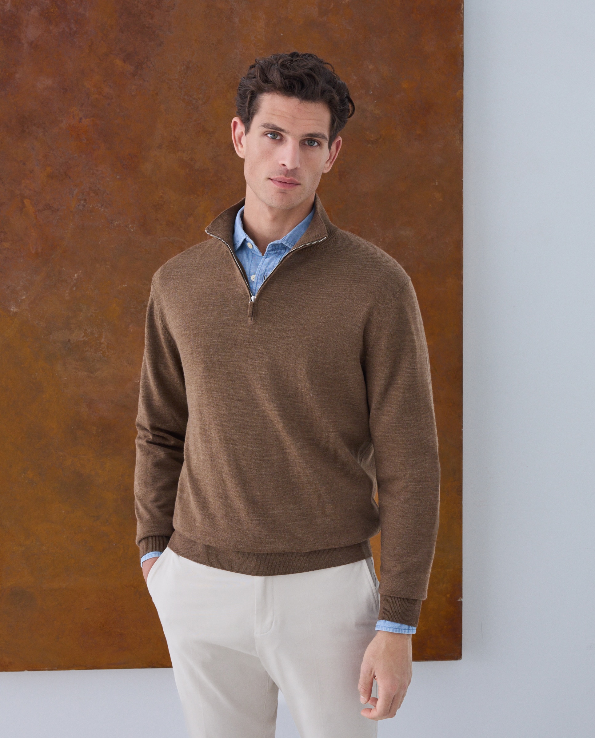 Jersey cuello semicisne lavable 100% lana merino de hombre - Emidio Tucci - Marrón Marrón-1
