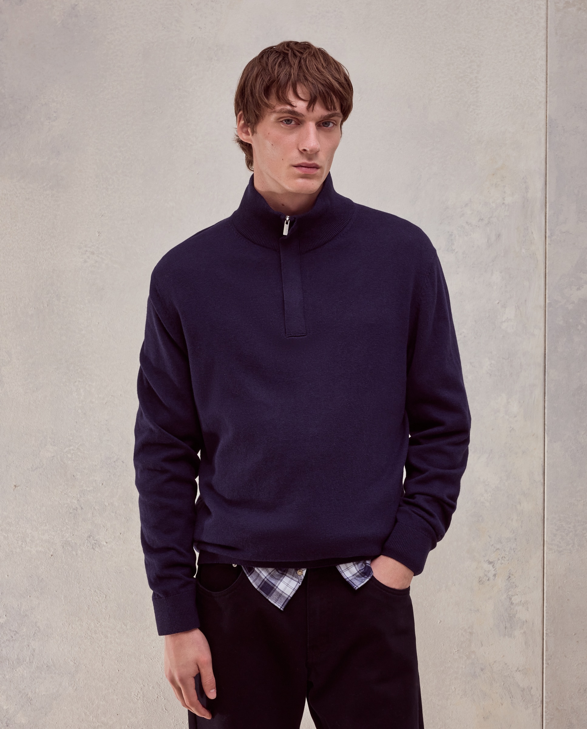 Jersey media cremallera liso algodón - Dustin - cashmere de hombre - Azul marino Azul marino-1
