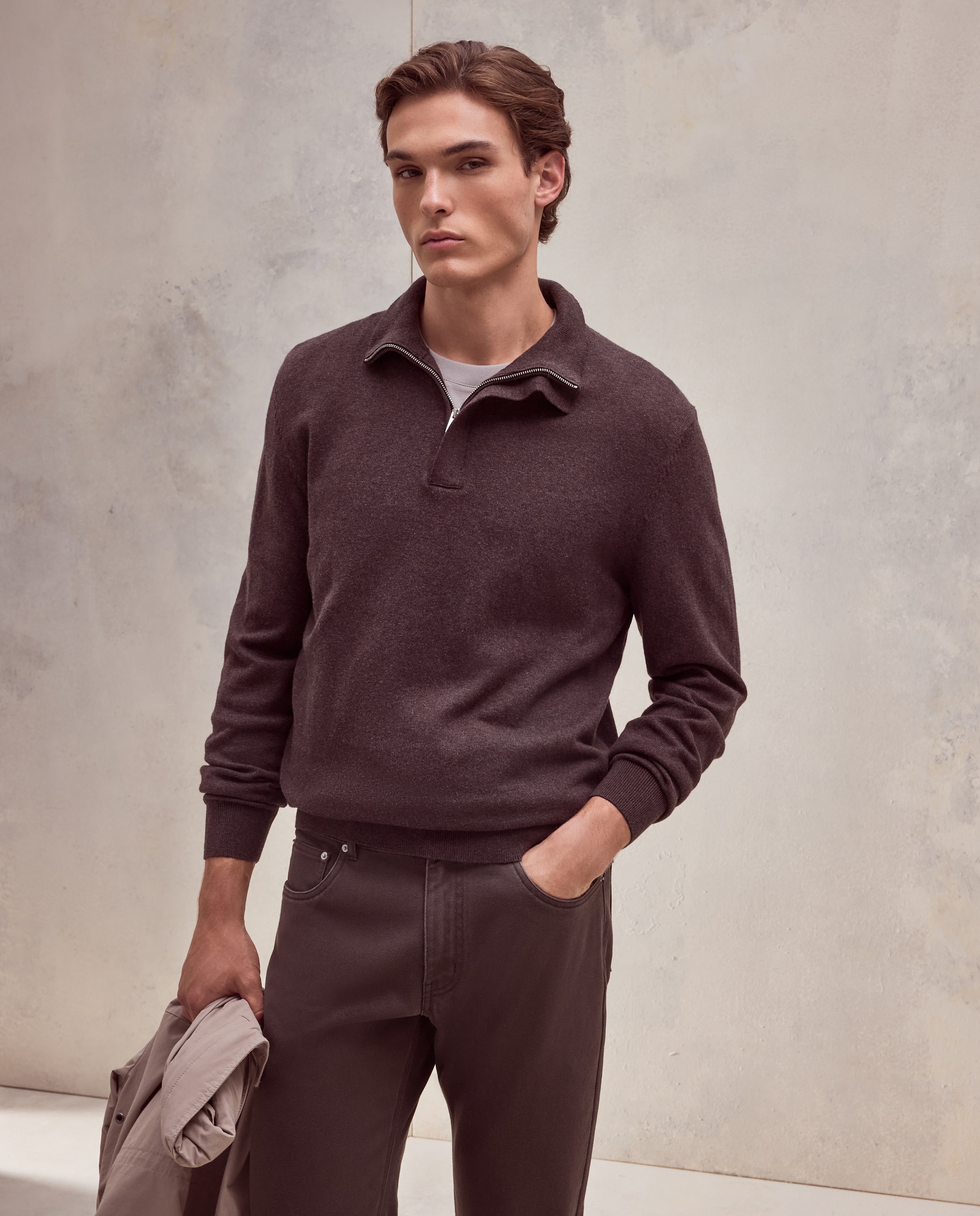 Jersey media cremallera liso algodón - Dustin - cashmere de hombre - Marrón oscuro Marrón oscuro-1