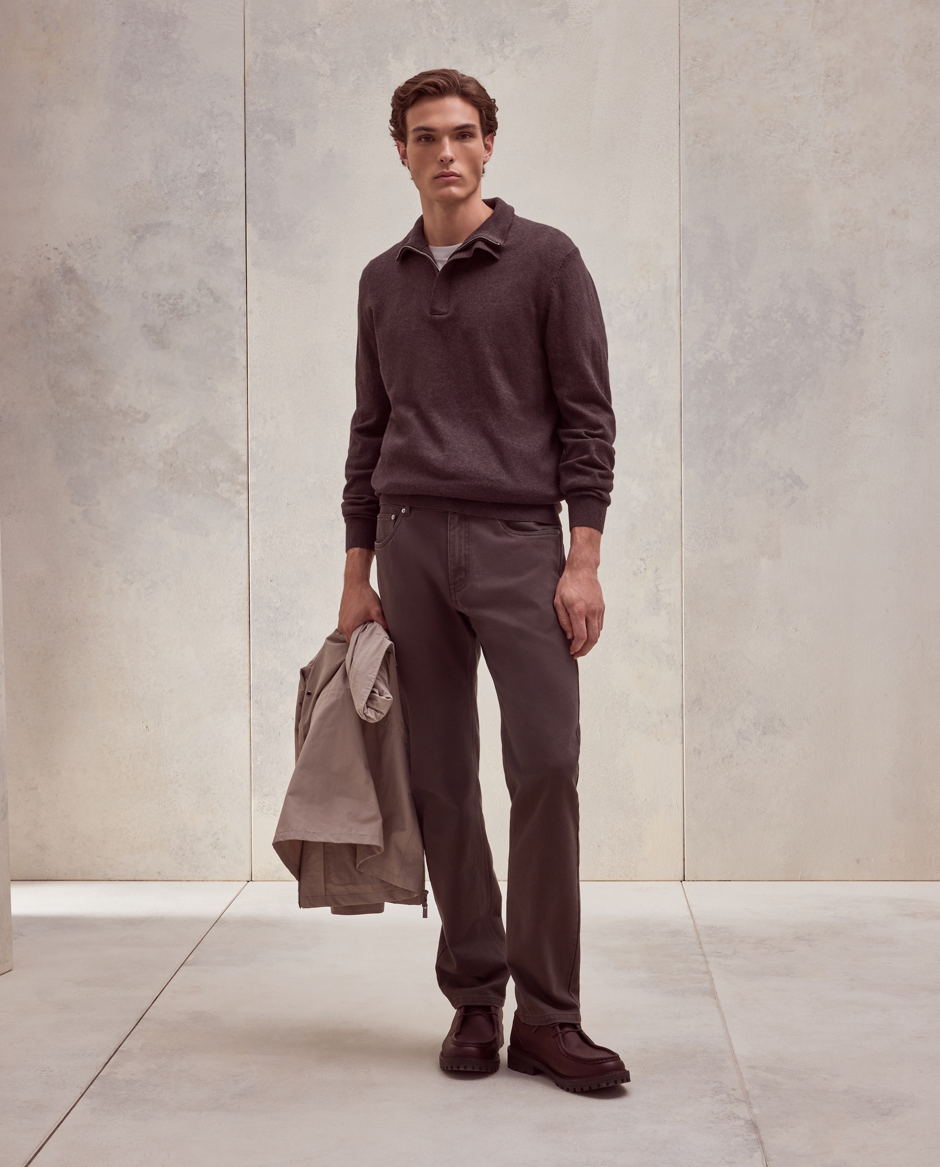 Jersey media cremallera liso algodón - Dustin - cashmere de hombre - Marrón oscuro Marrón oscuro-2